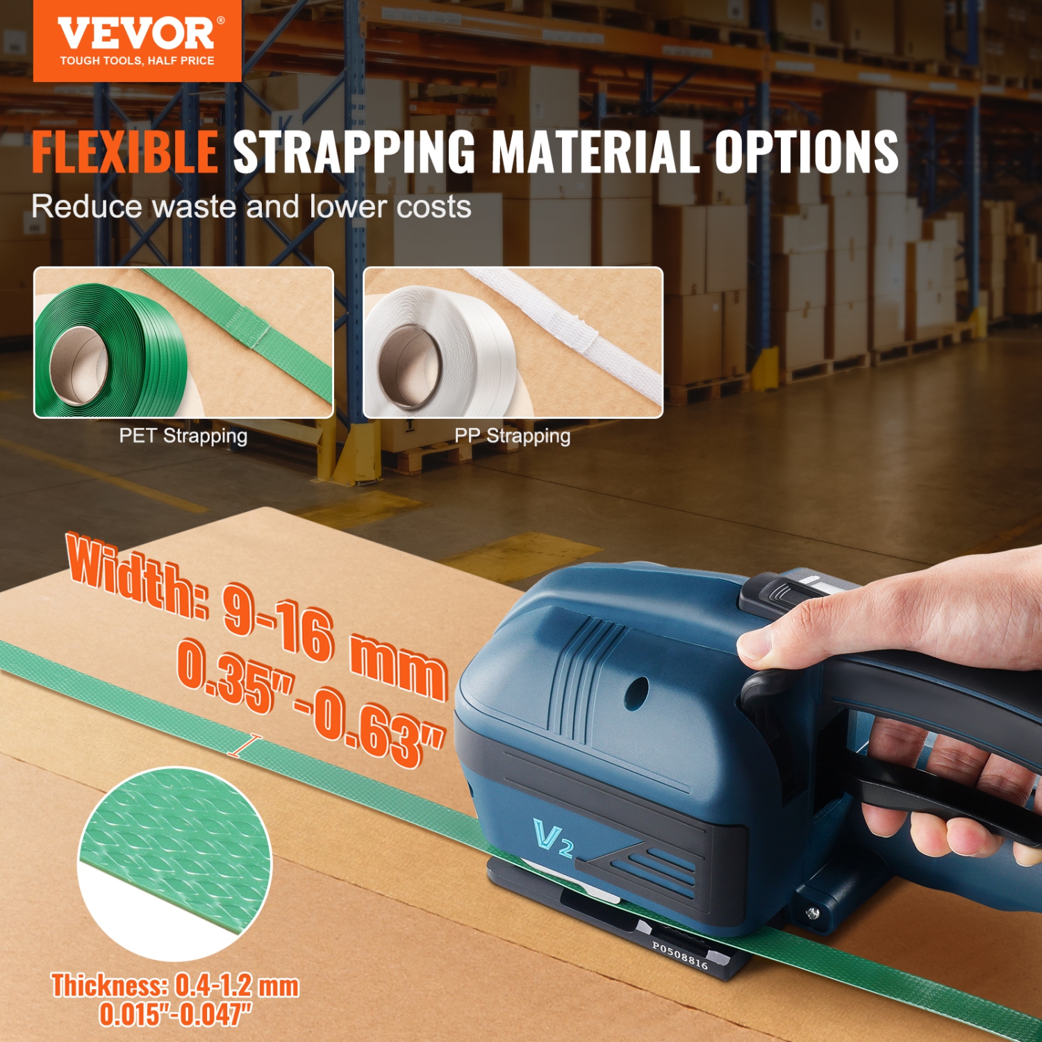 VEVOR 0.35"-0.63" Electric Strapping Machine, Portable Electric Banding Tool with Digital Display, 2 x 4000mAh Battery Powered Automatic Strapping