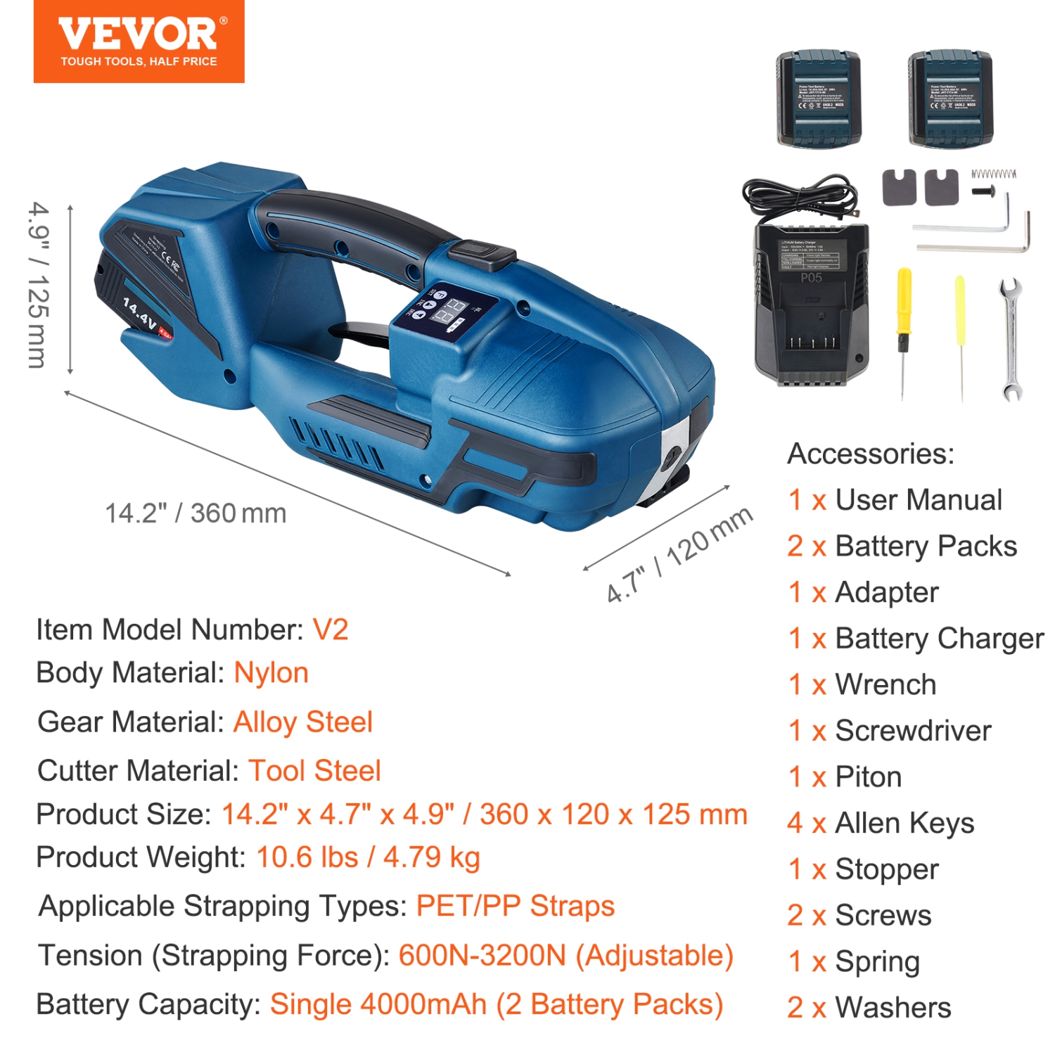 VEVOR 0.35"-0.63" Electric Strapping Machine, Portable Electric Banding Tool with Digital Display, 2 x 4000mAh Battery Powered Automatic Strapping