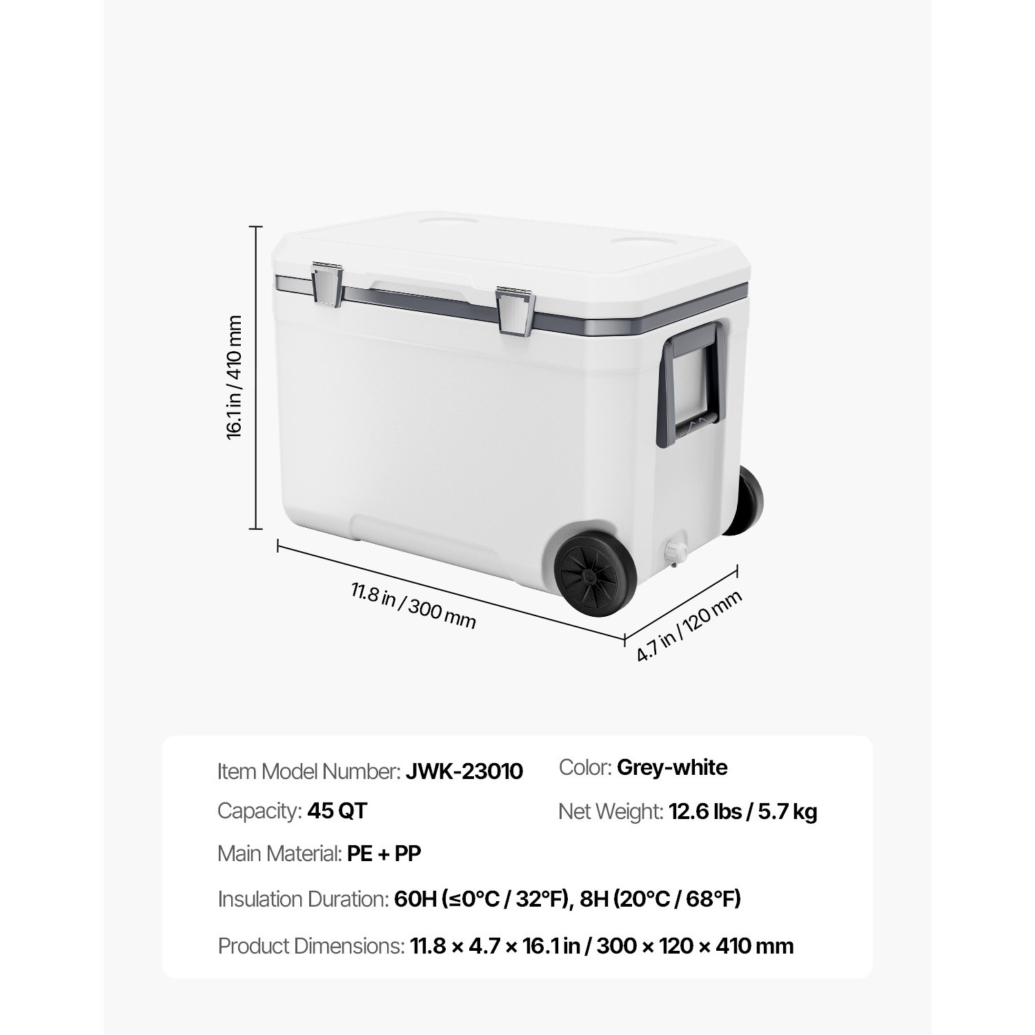 VEVOR 45 QT Portable Cooler, Wheeled Cooler with Ice Retention, Heavy-Duty Handles and Cup Holder, Lightweight Rigid Material Insulated Portable