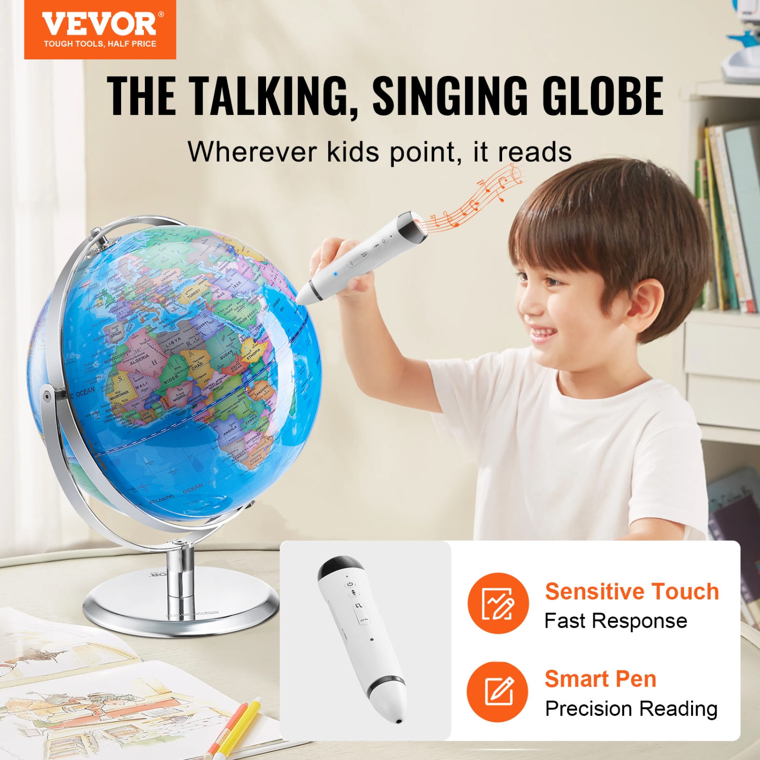 VEVOR 9 in/228.6 mm Talking World Globe, Interactive Globe for Kids Early Learning Teaching, Educational Globe with Smart Talking Pen LED Night Light