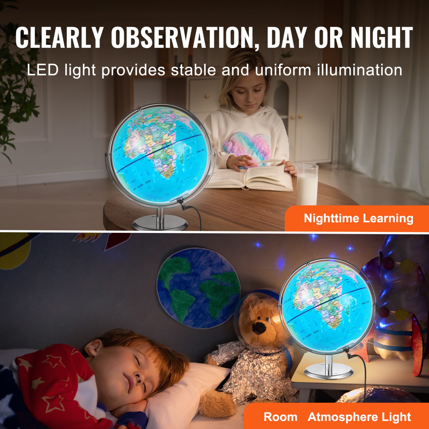 VEVOR 9 in/228.6 mm Talking World Globe, Interactive Globe for Kids Early Learning Teaching, Educational Globe with Smart Talking Pen LED Night Light