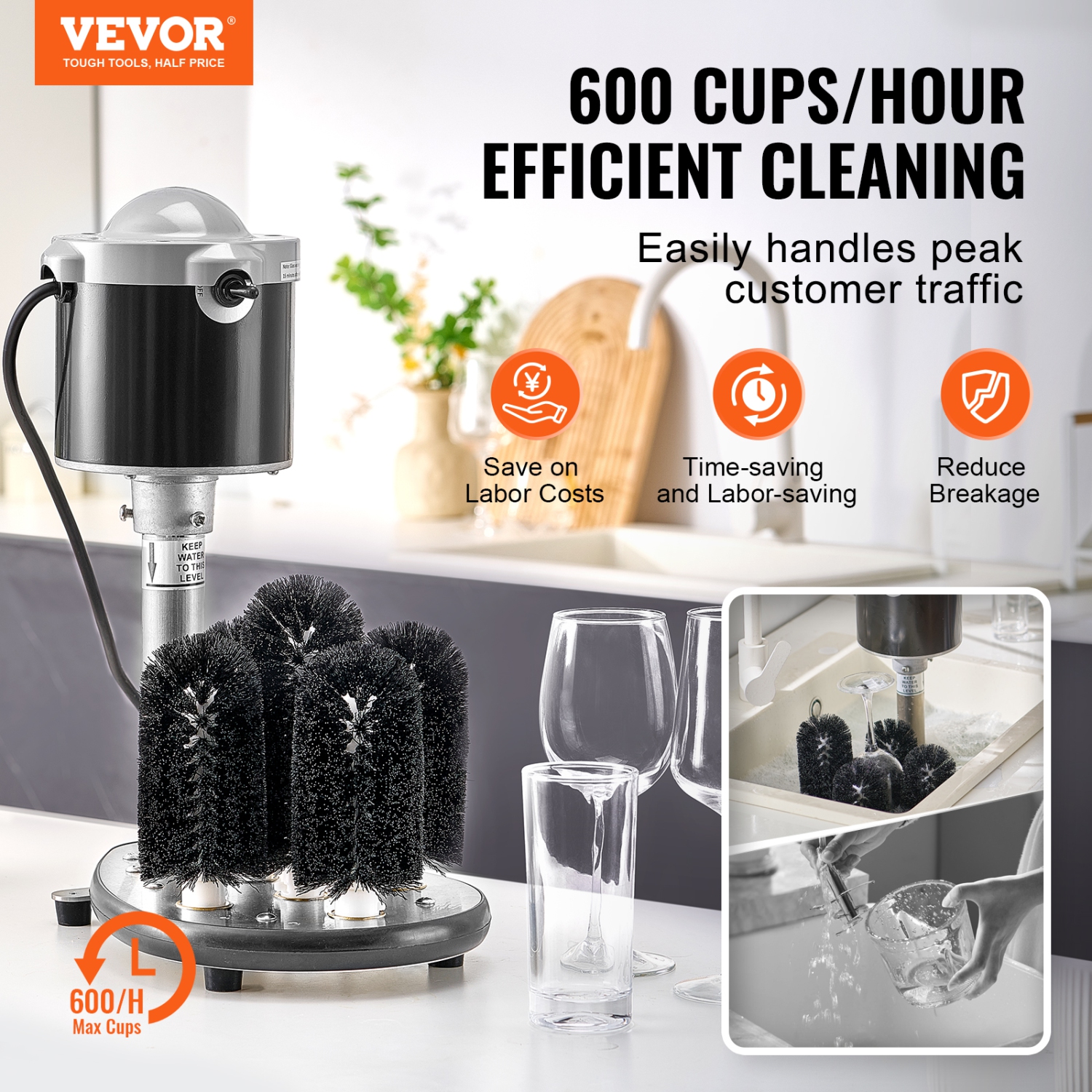 VEVOR 5-Brush Electric Commercial Glass Washer, Bar Glass Cleaner, 600 cups/h Machine, Bar Glass Washer for Champagne Glasses, Beer Cups, Mugs,
