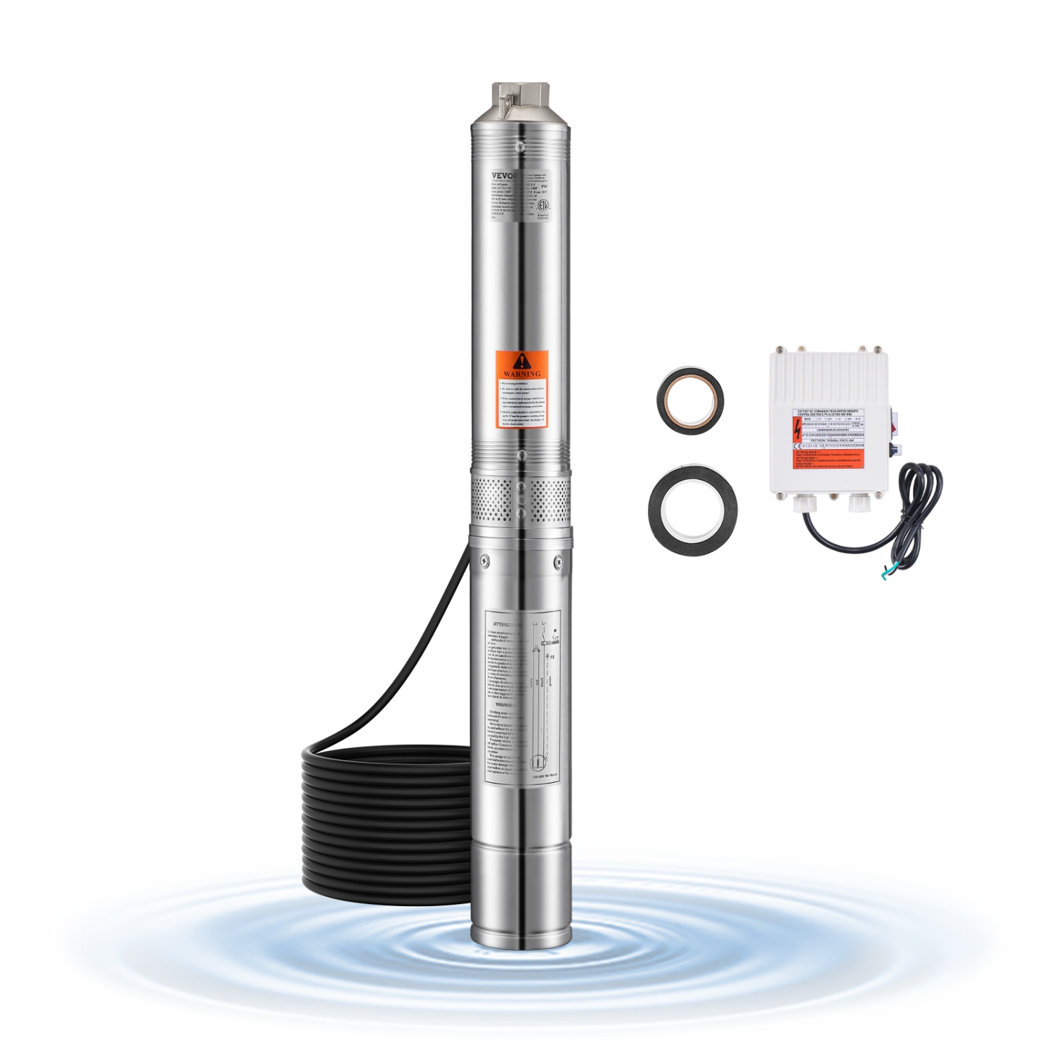 VEVOR 31.7 GPM Flow Deep Well Submersible Pump, 1 HP Output Power, 230V, 207 ft Head, with 32.81 ft Cord External Control Box, Stainless Steel Water