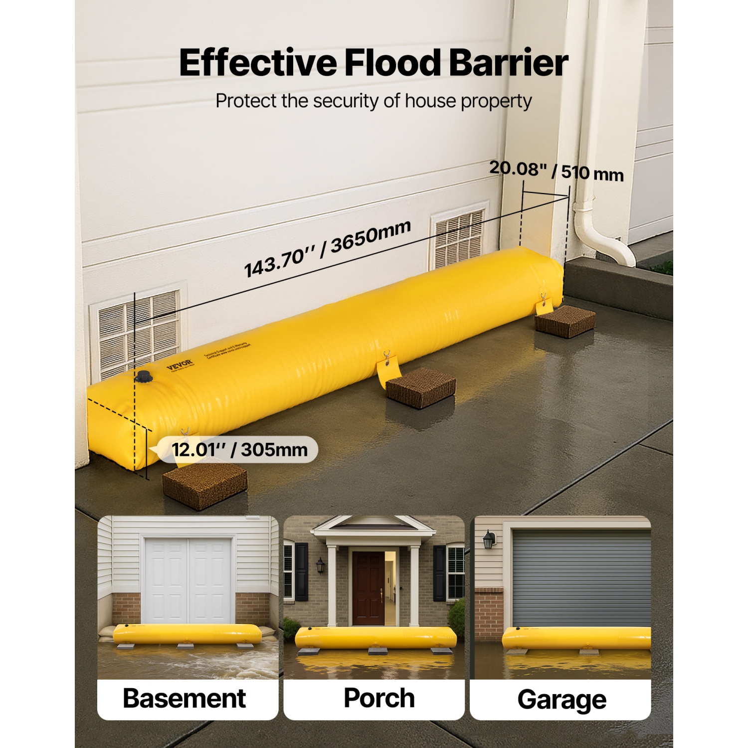 VEVOR 12ft L x 12 in H Flood Barrier, Sandbag Alternative, for Flooding with Great Waterproof Effect, Reusable PVC Water Diversion Tubes, Flood