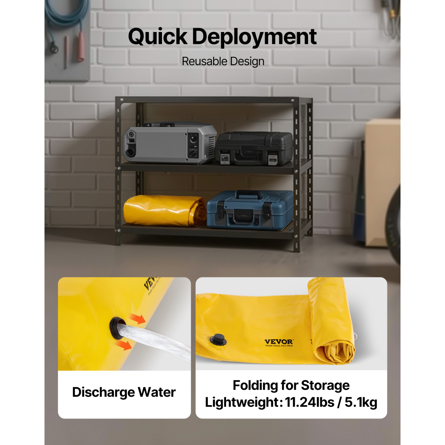 VEVOR 12ft L x 12 in H Flood Barrier, Sandbag Alternative, for Flooding with Great Waterproof Effect, Reusable PVC Water Diversion Tubes, Flood