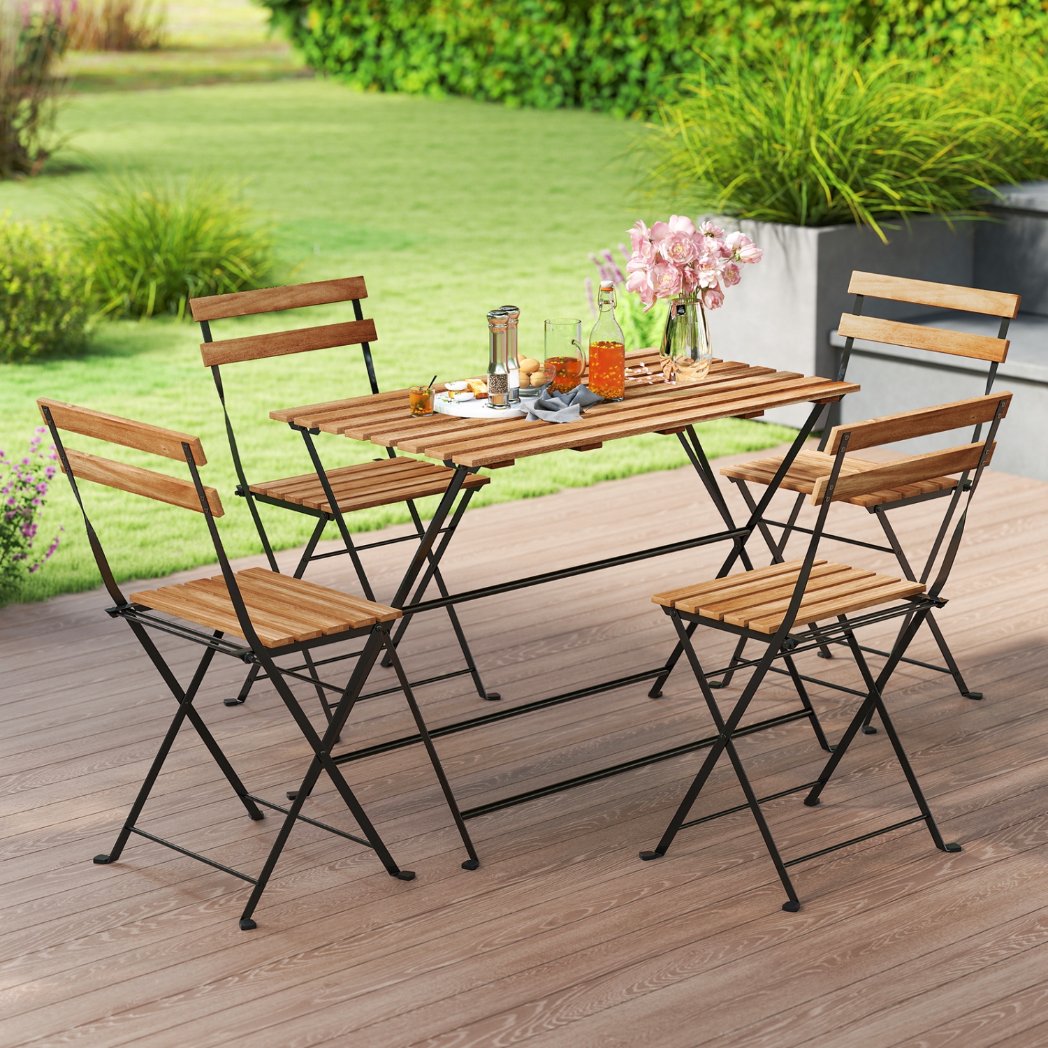 Gymax 5 PCS Patio Acacia Wood Dining Set w/ 4 Folding Chairs Slatted Seat & Tabletop
