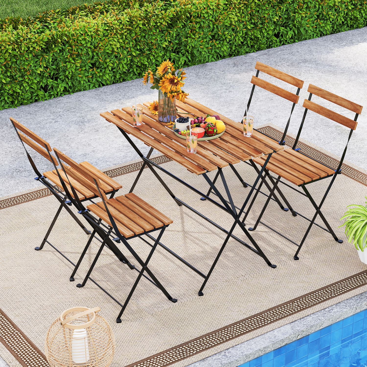 Gymax 5 PCS Patio Acacia Wood Dining Set w/ 4 Folding Chairs Slatted Seat & Tabletop
