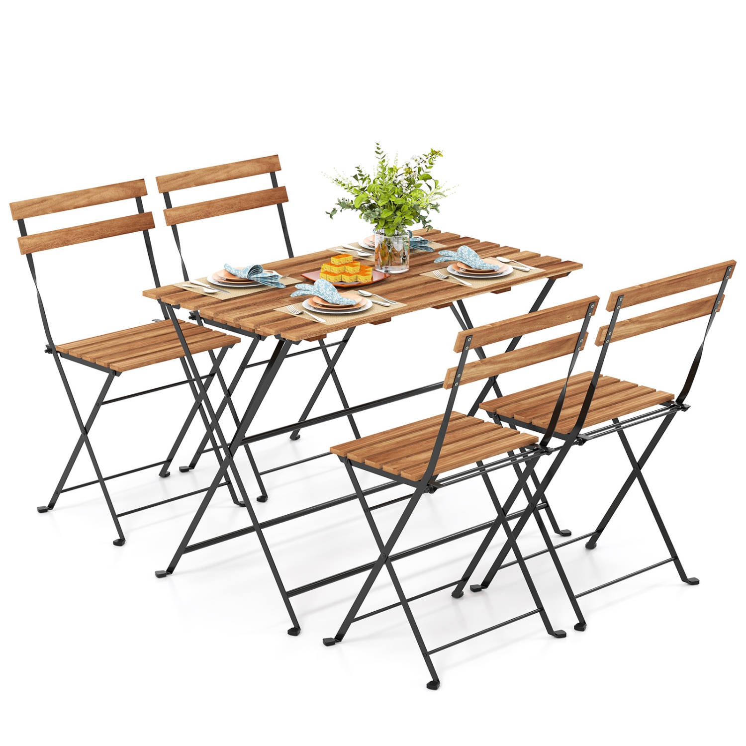 Gymax 5 PCS Patio Acacia Wood Dining Set w/ 4 Folding Chairs Slatted Seat & Tabletop