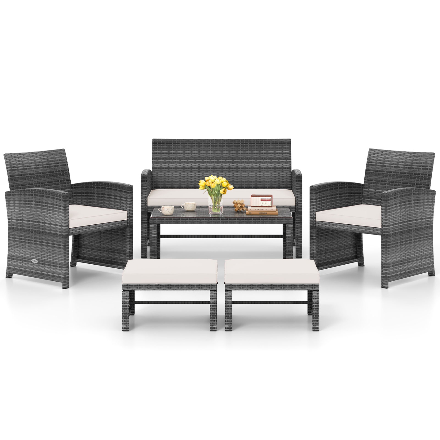 Gymax Set Of 6 Patio Furniture Outdoor Sectional Conversation PE Rattan Sofa Set