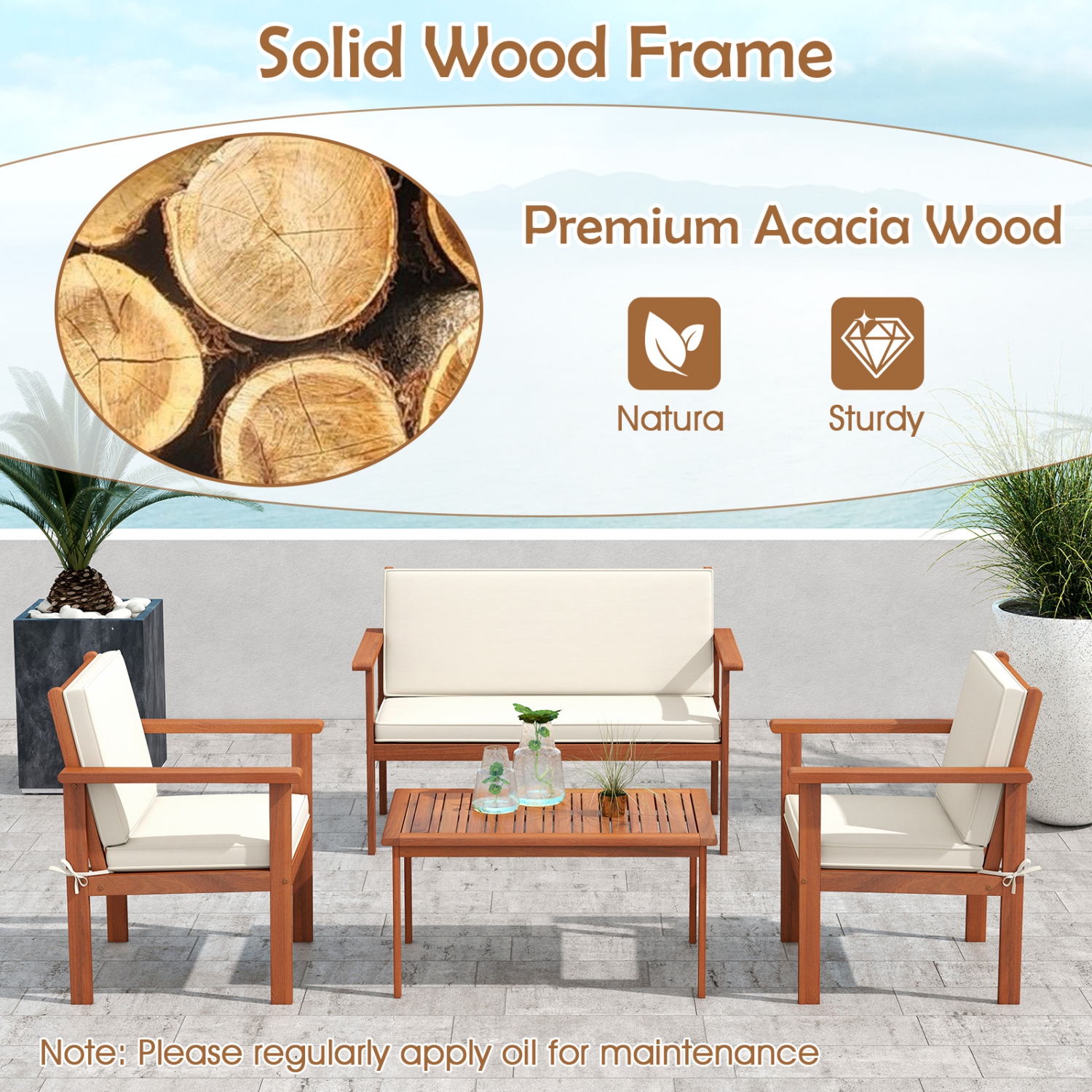 Gymax 4 Pieces Patio Furniture Set Acacia Wood Porch Chairs w/ Table