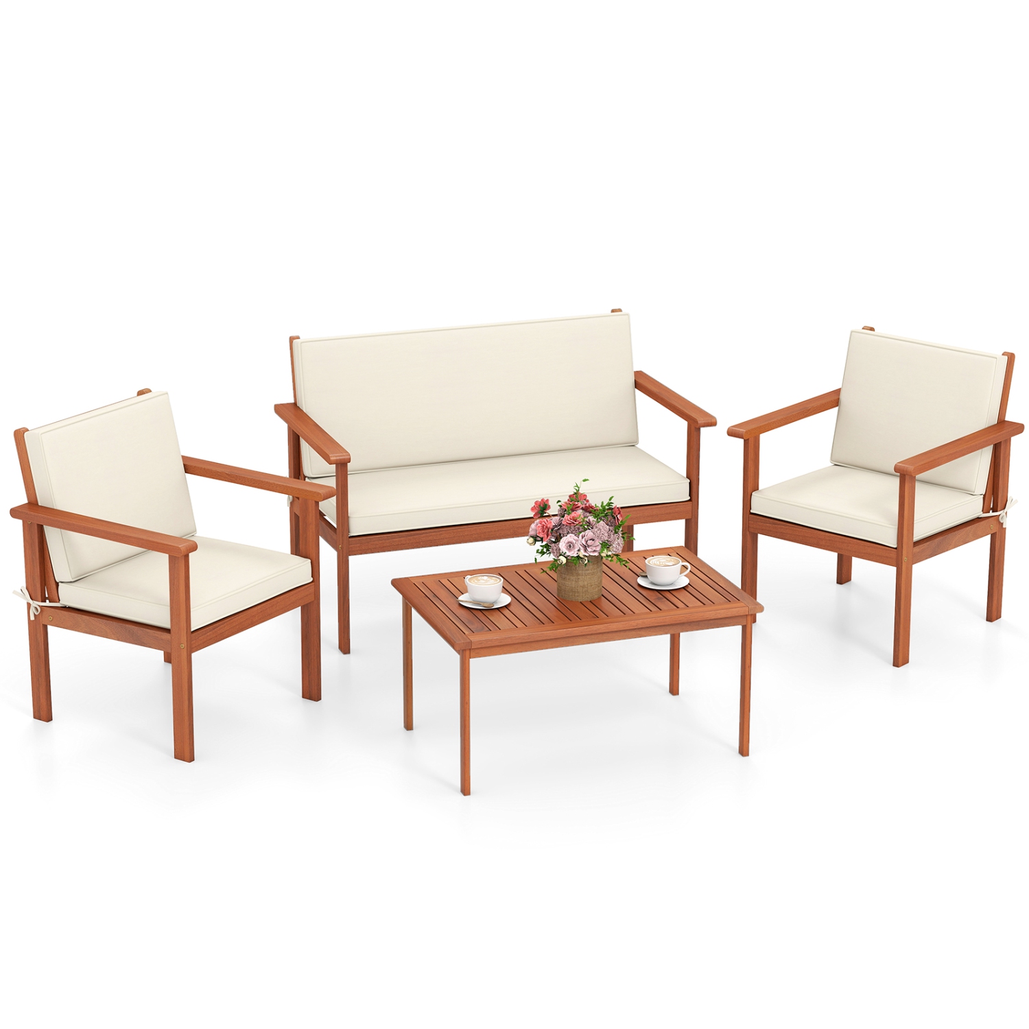 Gymax 4 Pieces Patio Furniture Set Acacia Wood Porch Chairs w/ Table