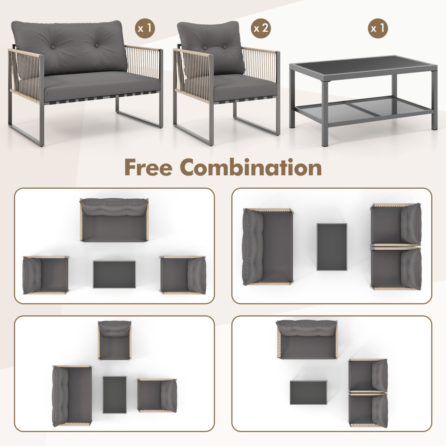 Gymax Set Of 4 Patio Furniture Set PE Rattan Conversation Sofa Set w/ Thick Cushions