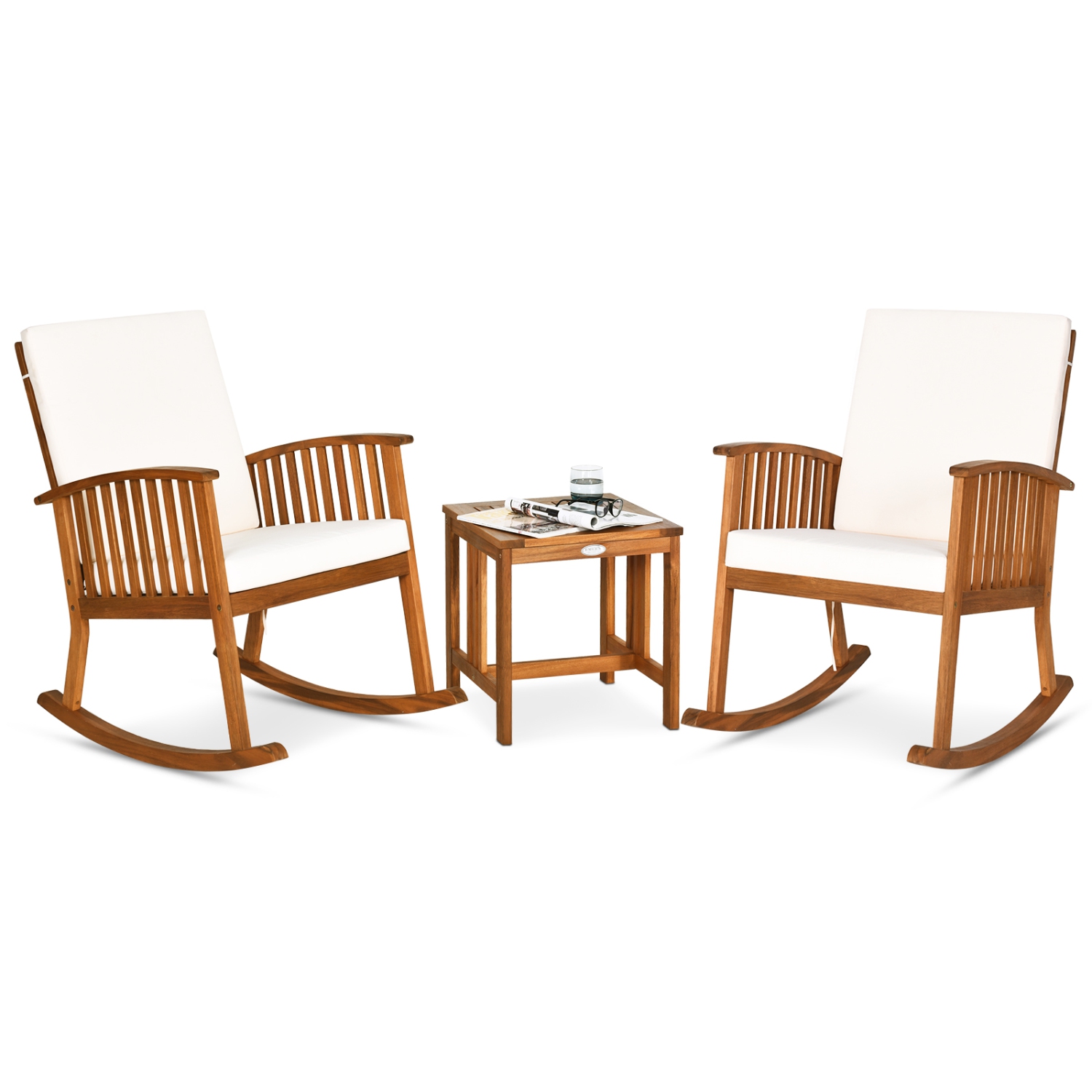 Gymax 3 Pieces Acacia Wood Rocking Bistro Set w/ Coffee Table and Cushions for Lawn