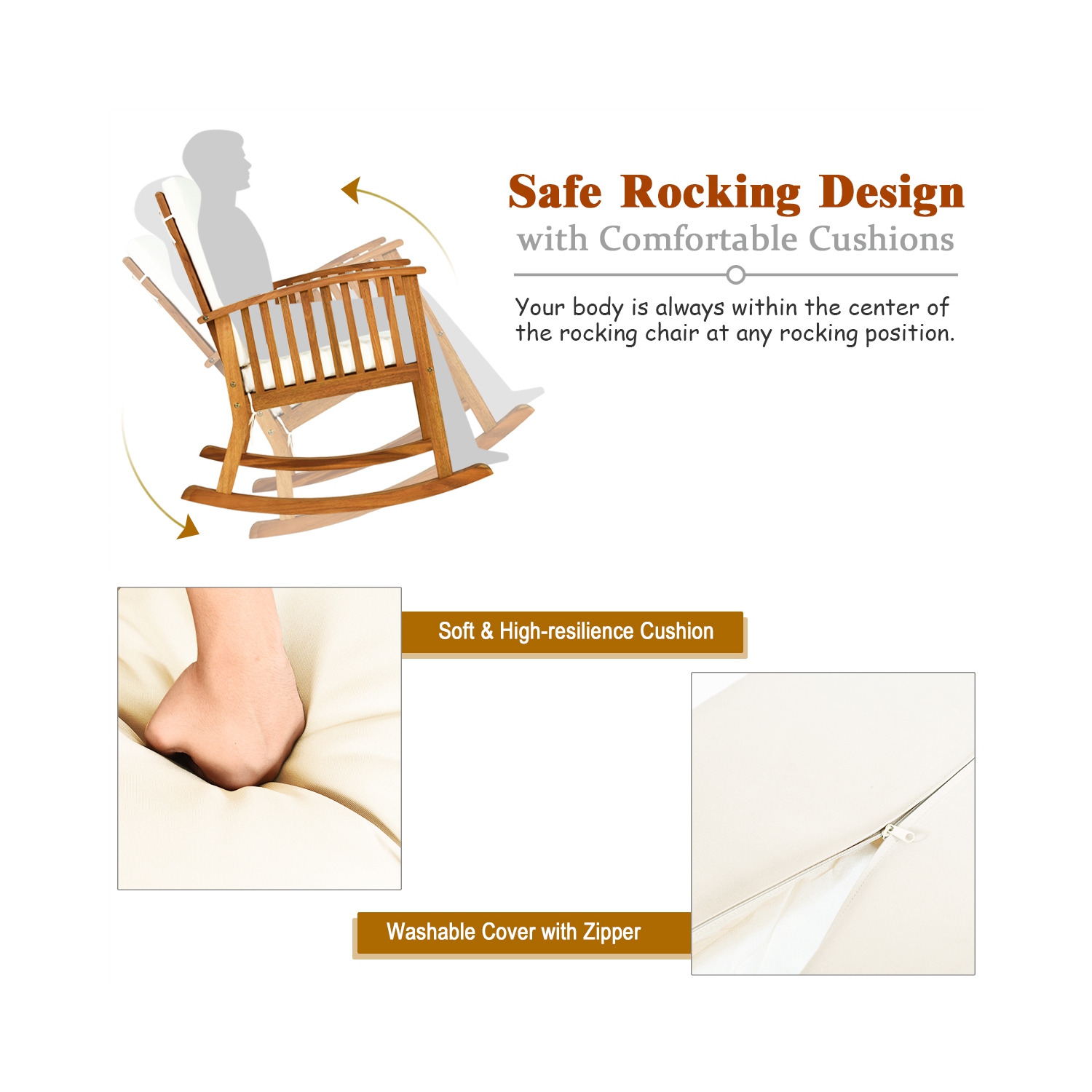 Gymax 3 Pieces Acacia Wood Rocking Bistro Set w/ Coffee Table and Cushions for Lawn