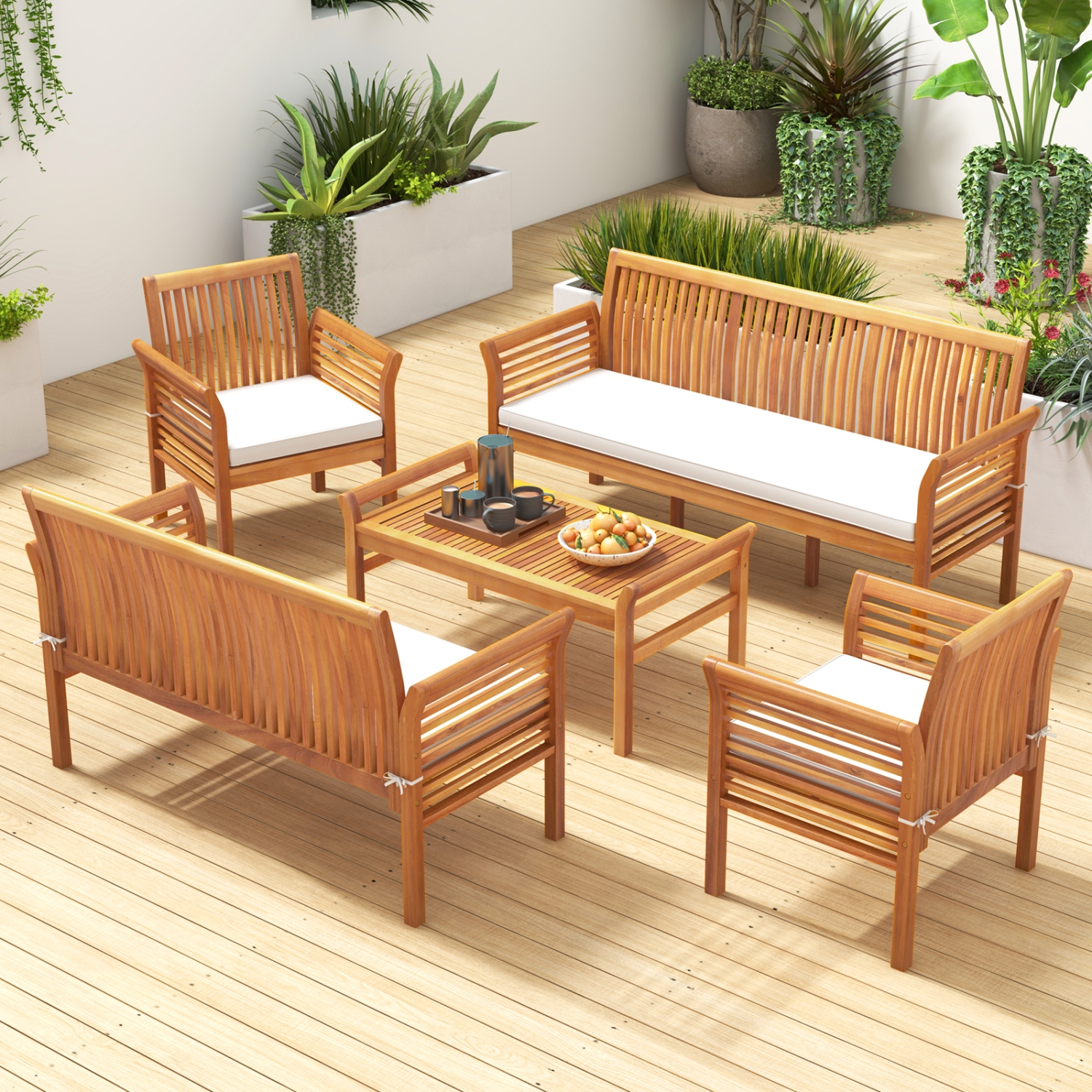 Gymax Set Of 5 Patio Furniture Set w/ Acacia Wood Frame & Removable Seat Cushions