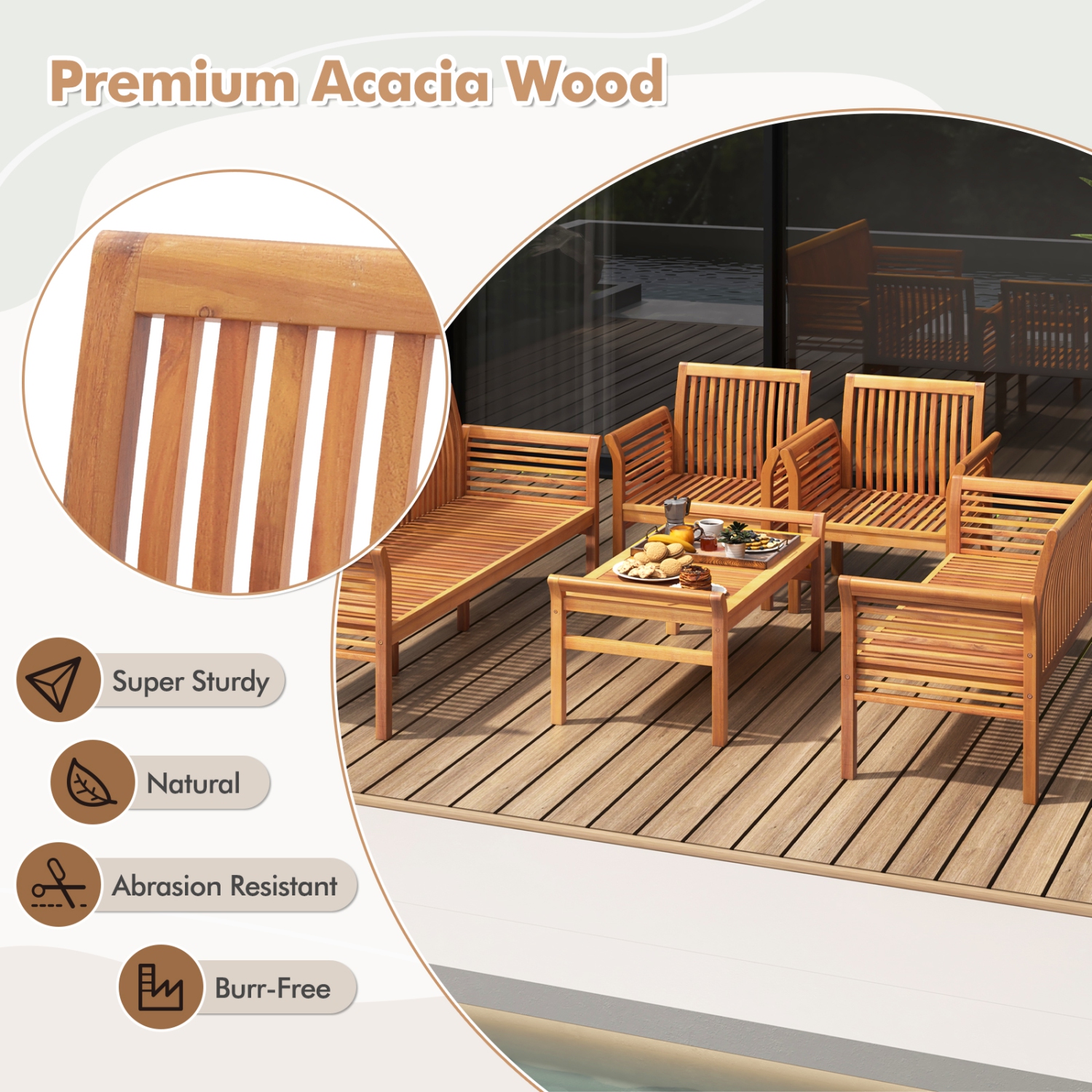 Gymax Set Of 5 Patio Furniture Set w/ Acacia Wood Frame & Removable Seat Cushions