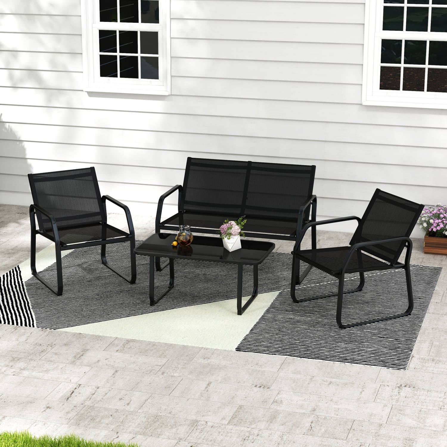 Gymax 4 PCS Patio Conversation Set w/ Breathable Fabric Seat Tempered Glass Tabletop