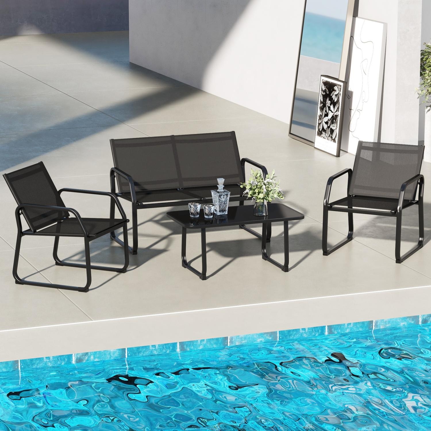 Gymax 4 PCS Patio Conversation Set w/ Breathable Fabric Seat Tempered Glass Tabletop