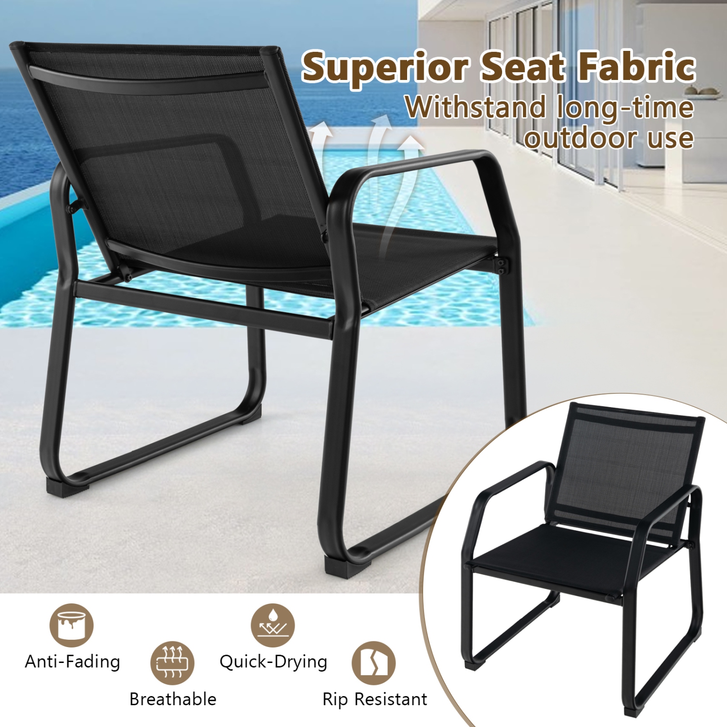 Gymax 4 PCS Patio Conversation Set w/ Breathable Fabric Seat Tempered Glass Tabletop