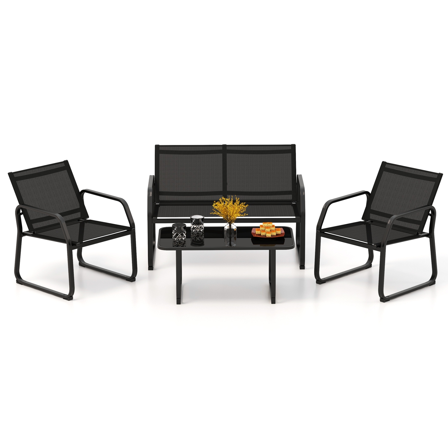 Gymax 4 PCS Patio Conversation Set w/ Breathable Fabric Seat Tempered Glass Tabletop