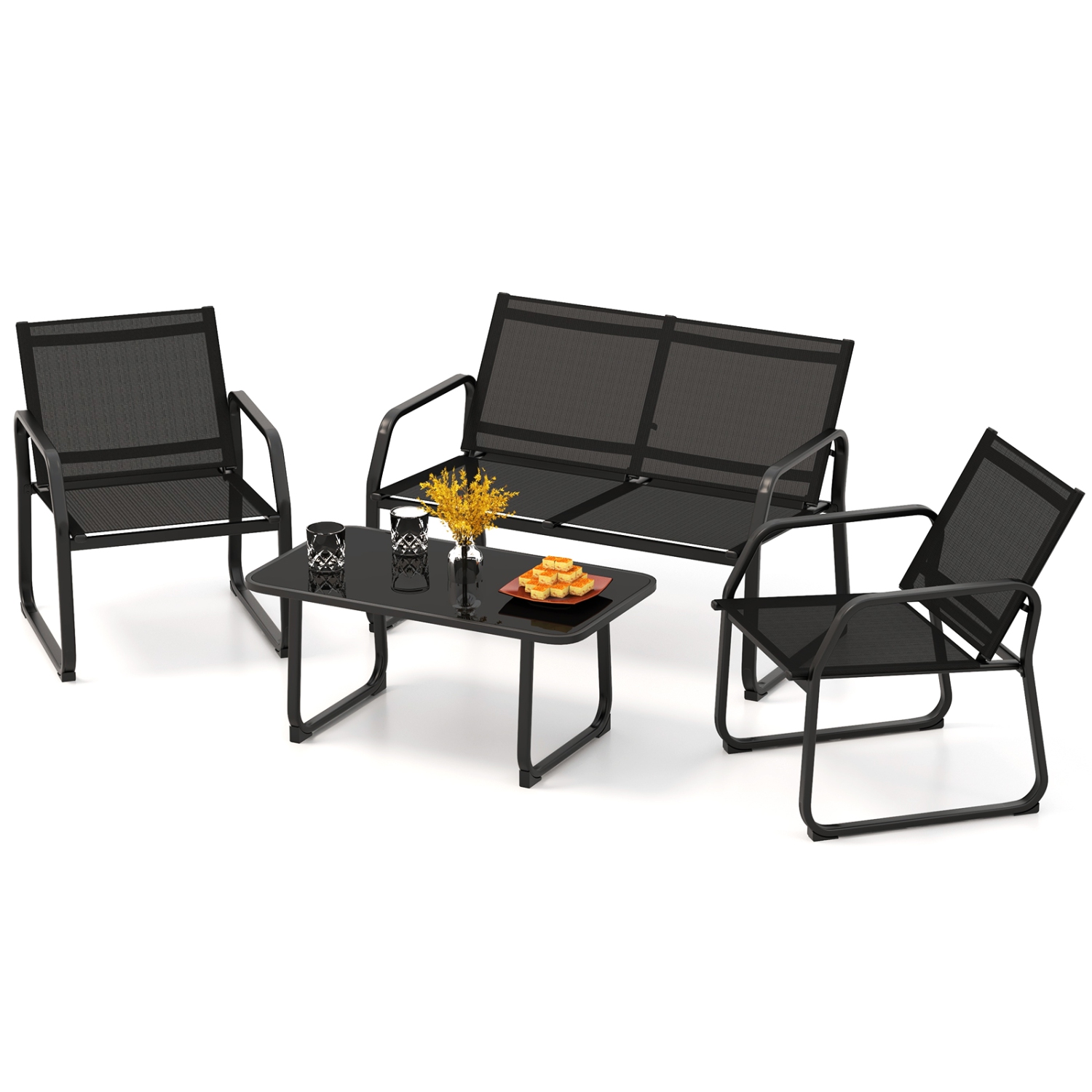 Gymax 4 PCS Patio Conversation Set w/ Breathable Fabric Seat Tempered Glass Tabletop