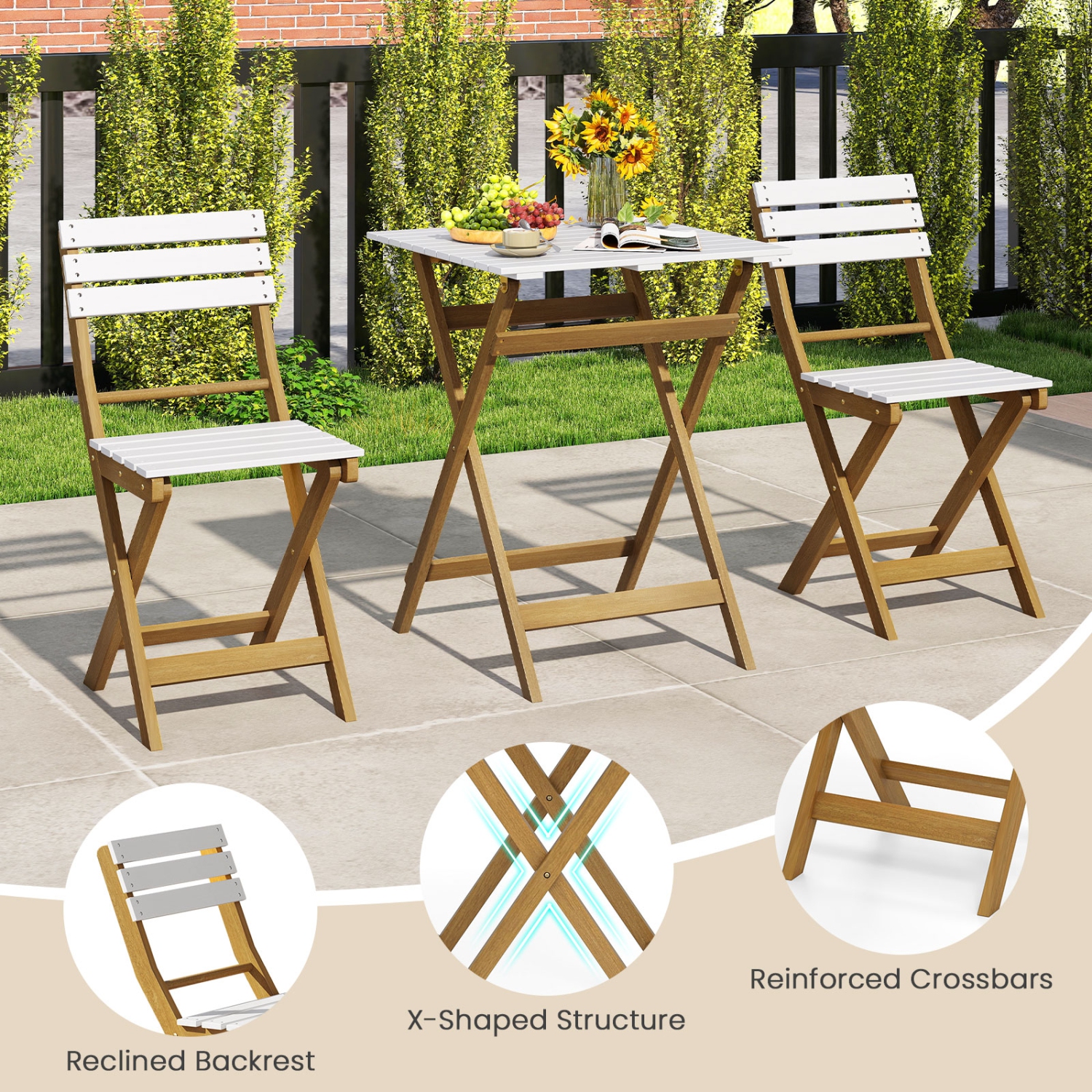 Gymax 3-Piece Folding Patio Bistro Set w/ Slatted Design Small Outdoor Furniture Set