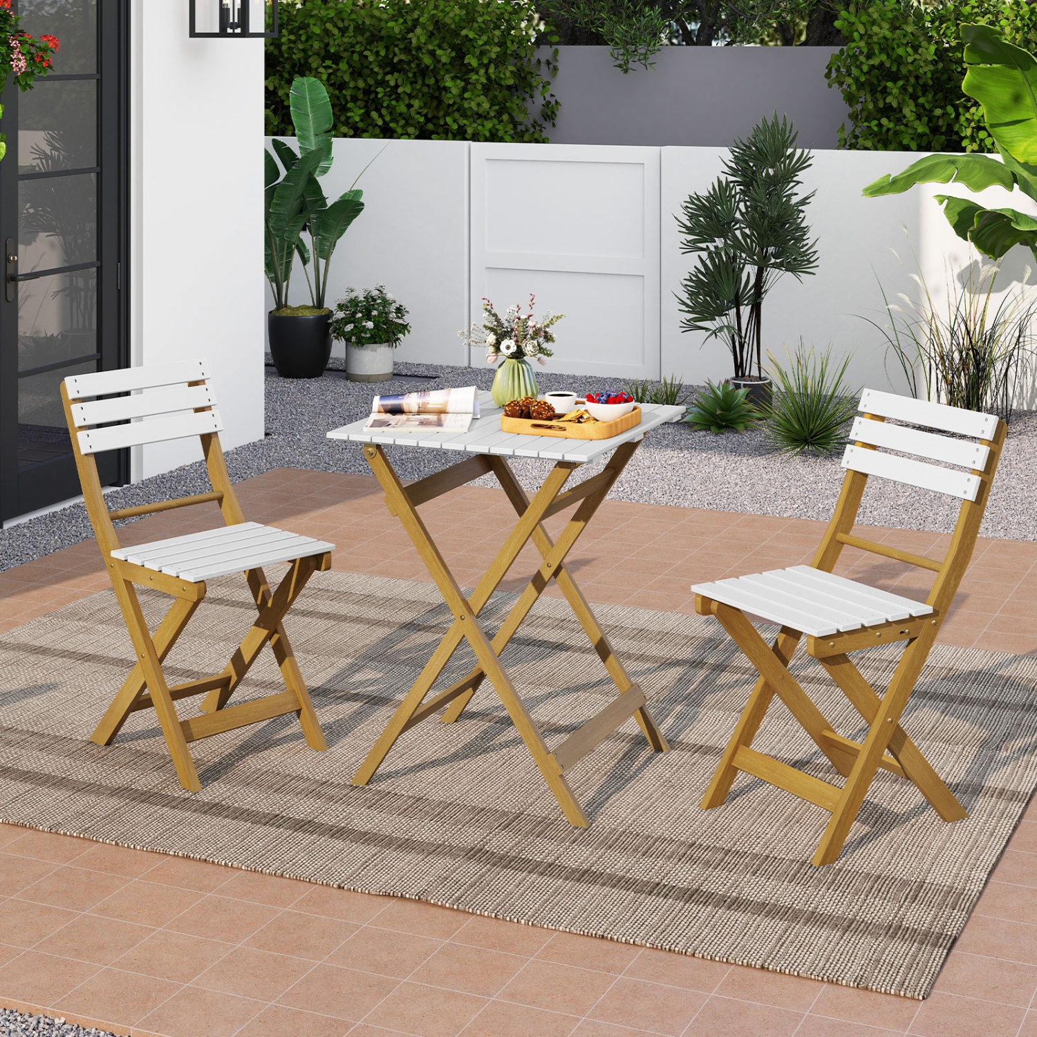 Gymax 3-Piece Folding Patio Bistro Set w/ Slatted Design Small Outdoor Furniture Set