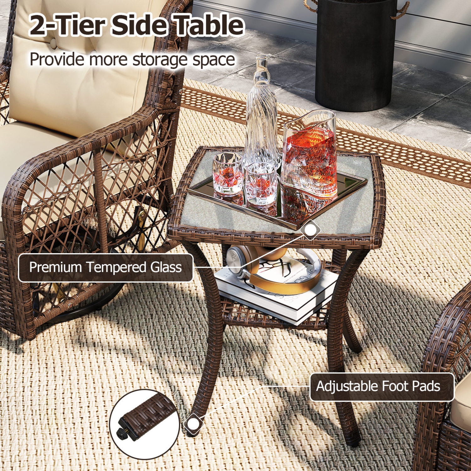 Gymax Set Of 3 Patio Furniture Set w/ 2-Tier Side Table & Cushions for Porch