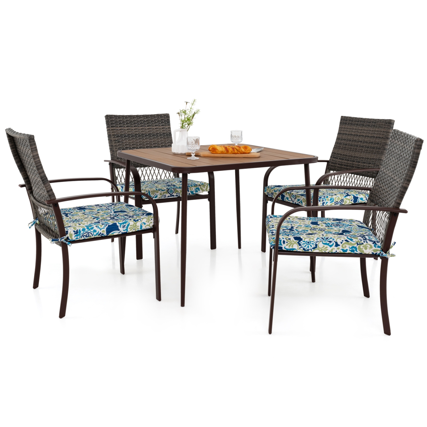 Gymax 5 PCS Patio Dining Set w/ Wood-Plastic Tabletop & Umbrella Hole for Backyard