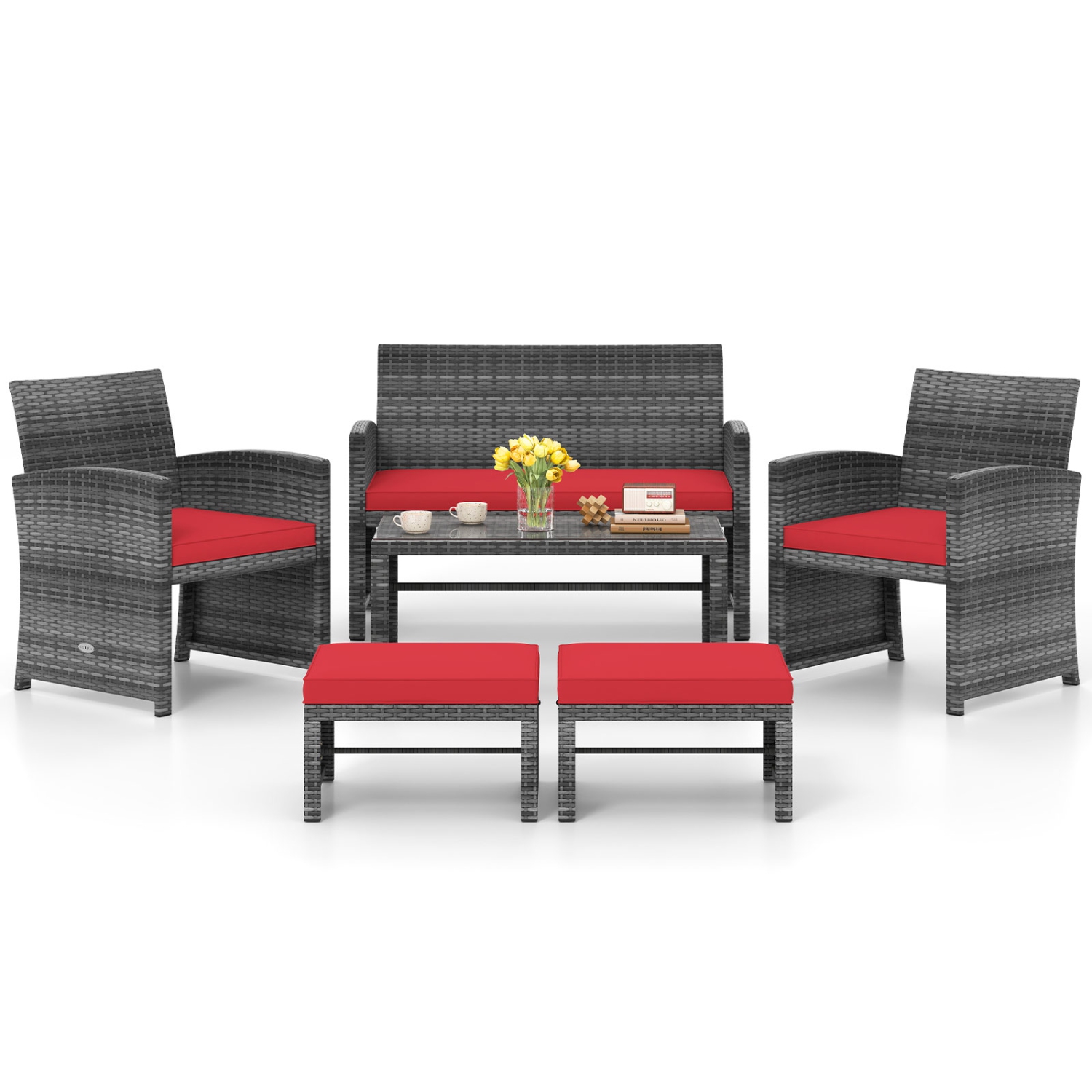 Gymax Set Of 6 Patio Furniture Outdoor Sectional Conversation PE Rattan Sofa Set