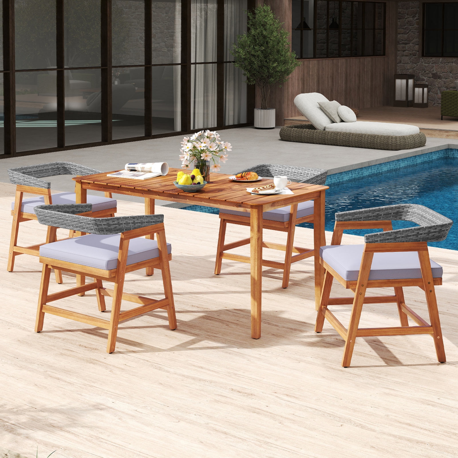 Gymax 5PCS Patio Dining Set Solid Wood Furniture w/ Rattan Backrest & Seat Cushions