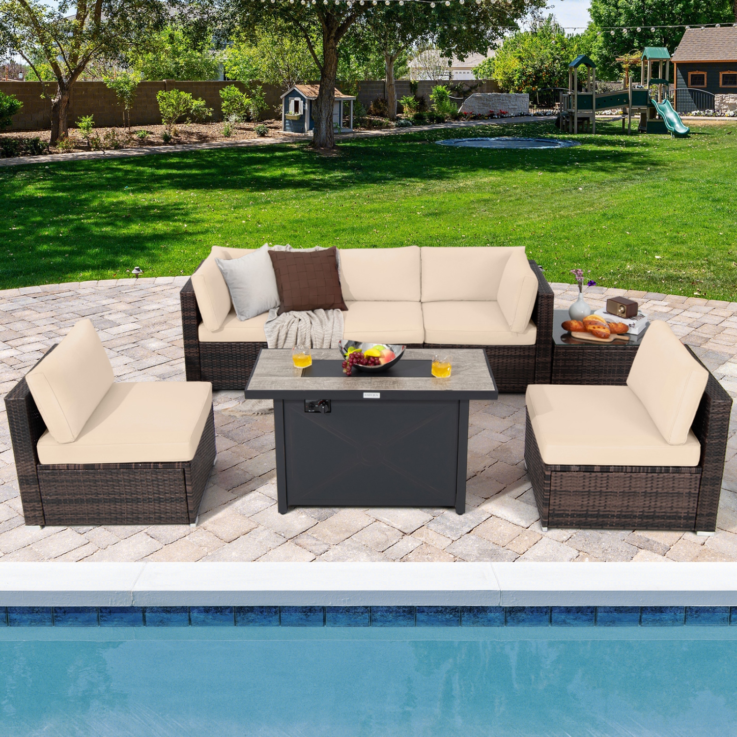 Gymax 7PCS Patio Rattan Furniture Set Fire Pit Table Cover Cushion Beige