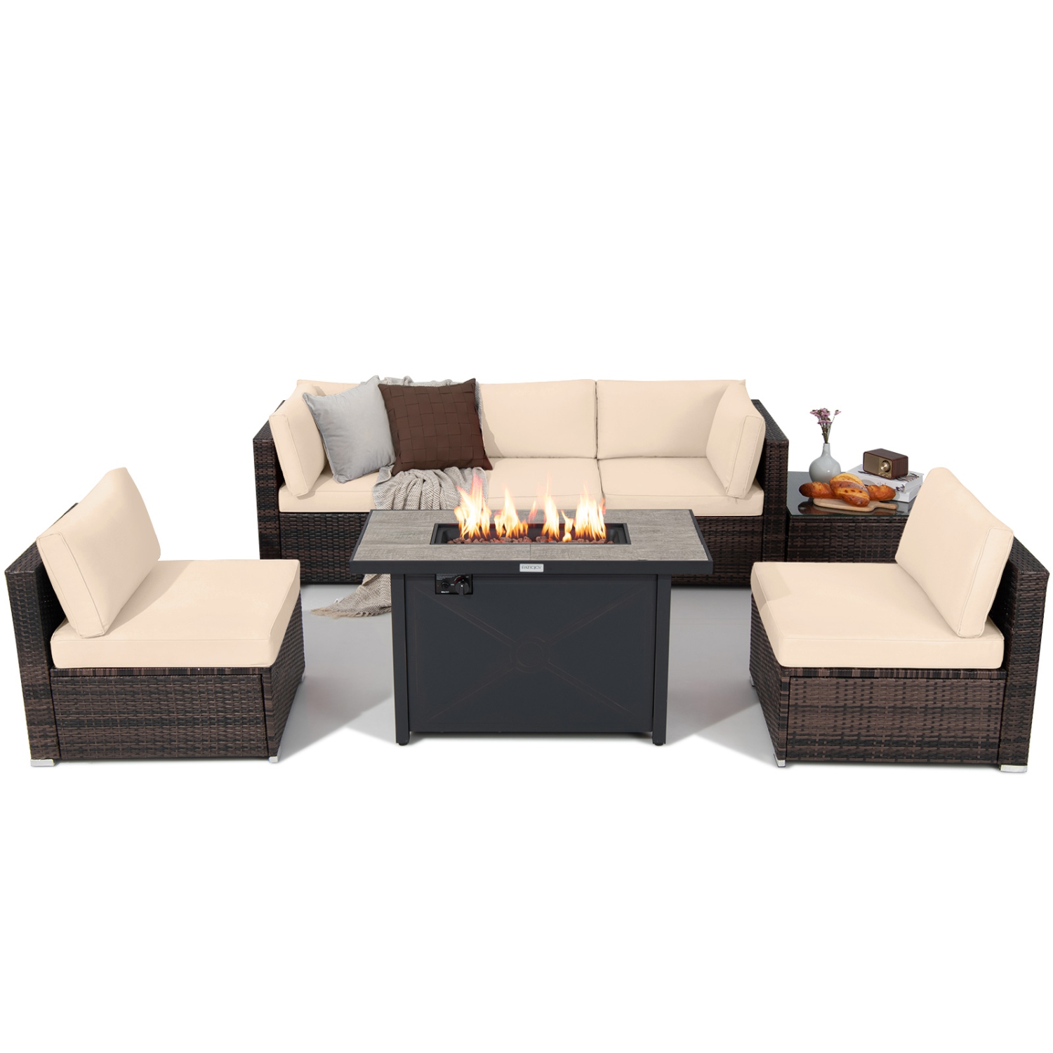 Gymax 7PCS Patio Rattan Furniture Set Fire Pit Table Cover Cushion Beige