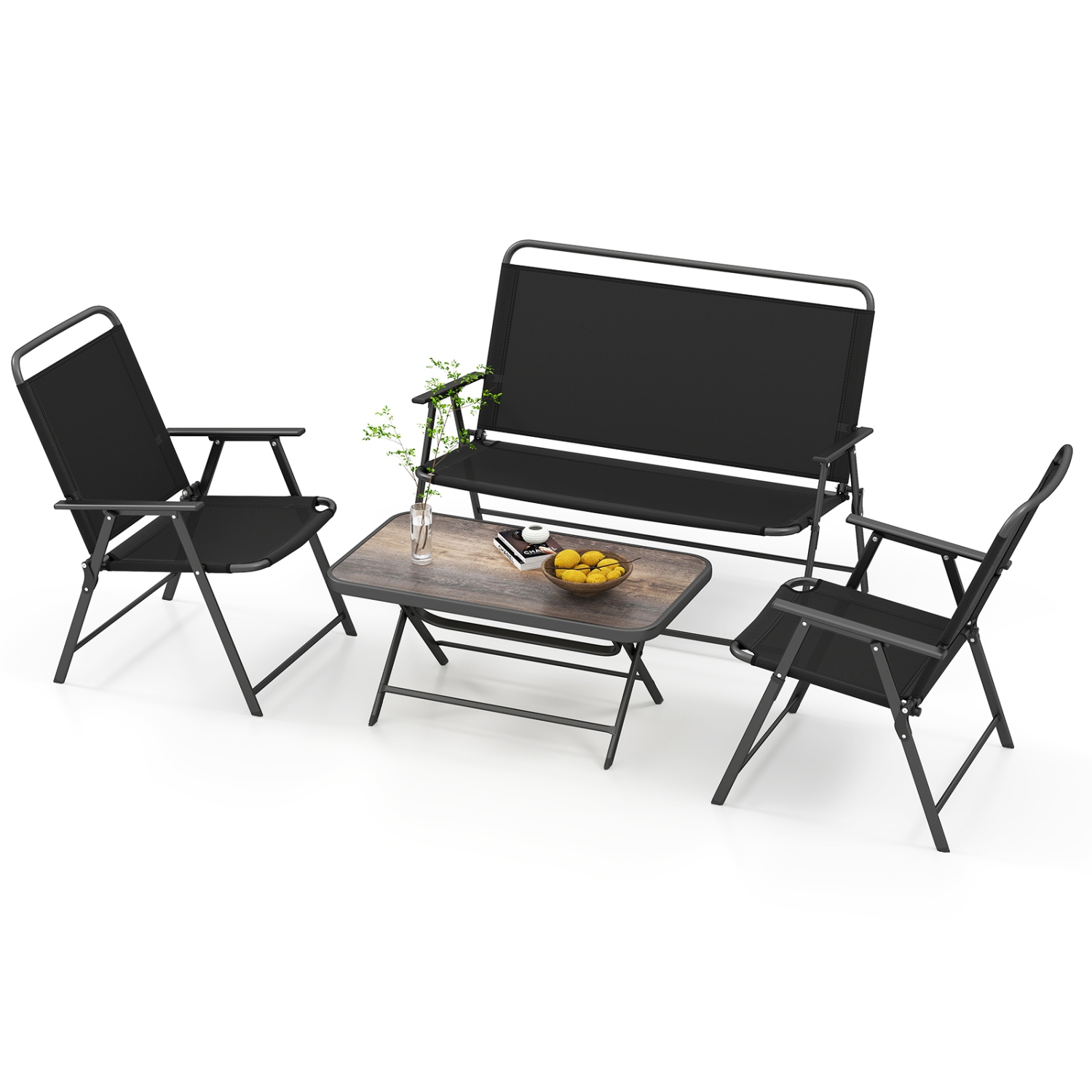 Gymax 4 Piece Outdoor Conversation Set Metal Frame Outdoor Bistro Set w/ 2 Chairs Black