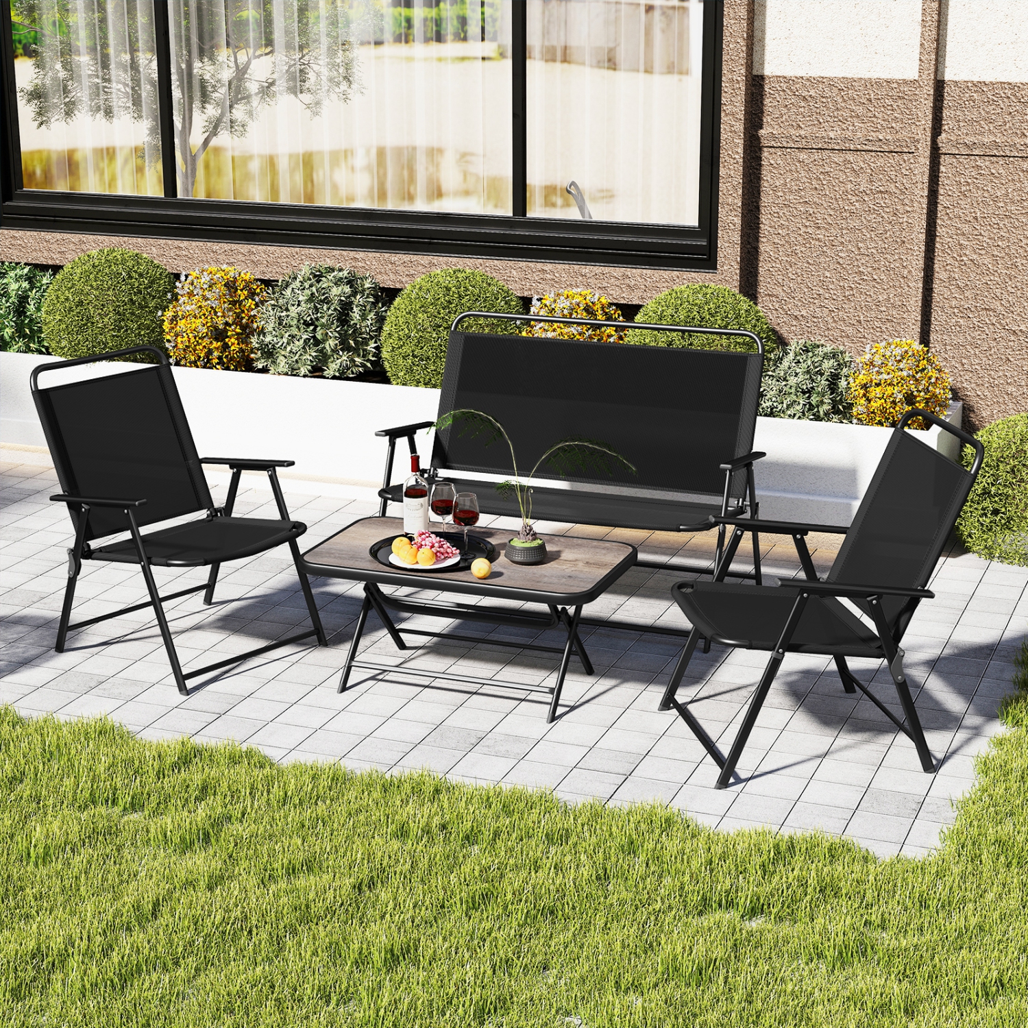 Gymax 4 Piece Outdoor Conversation Set Metal Frame Outdoor Bistro Set w/ 2 Chairs Black