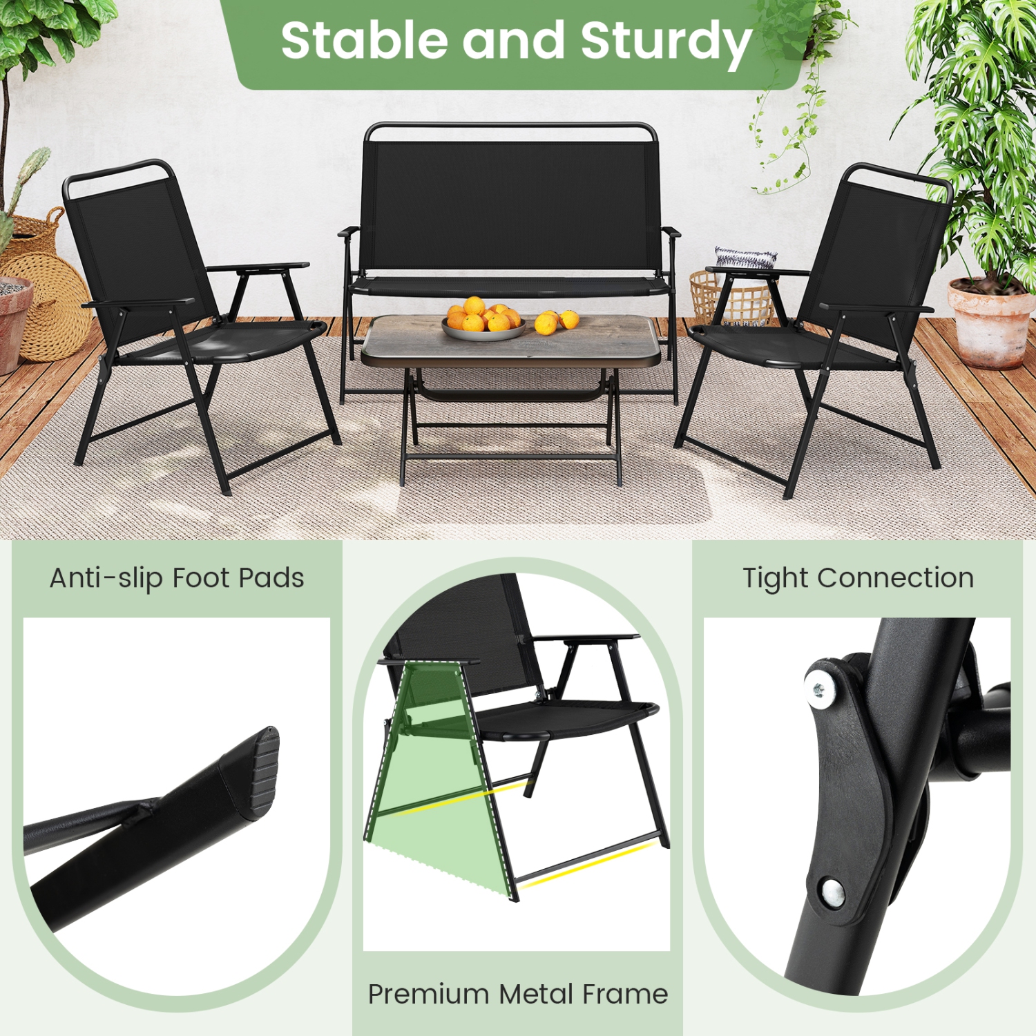 Gymax 4 Piece Outdoor Conversation Set Metal Frame Outdoor Bistro Set w/ 2 Chairs Black