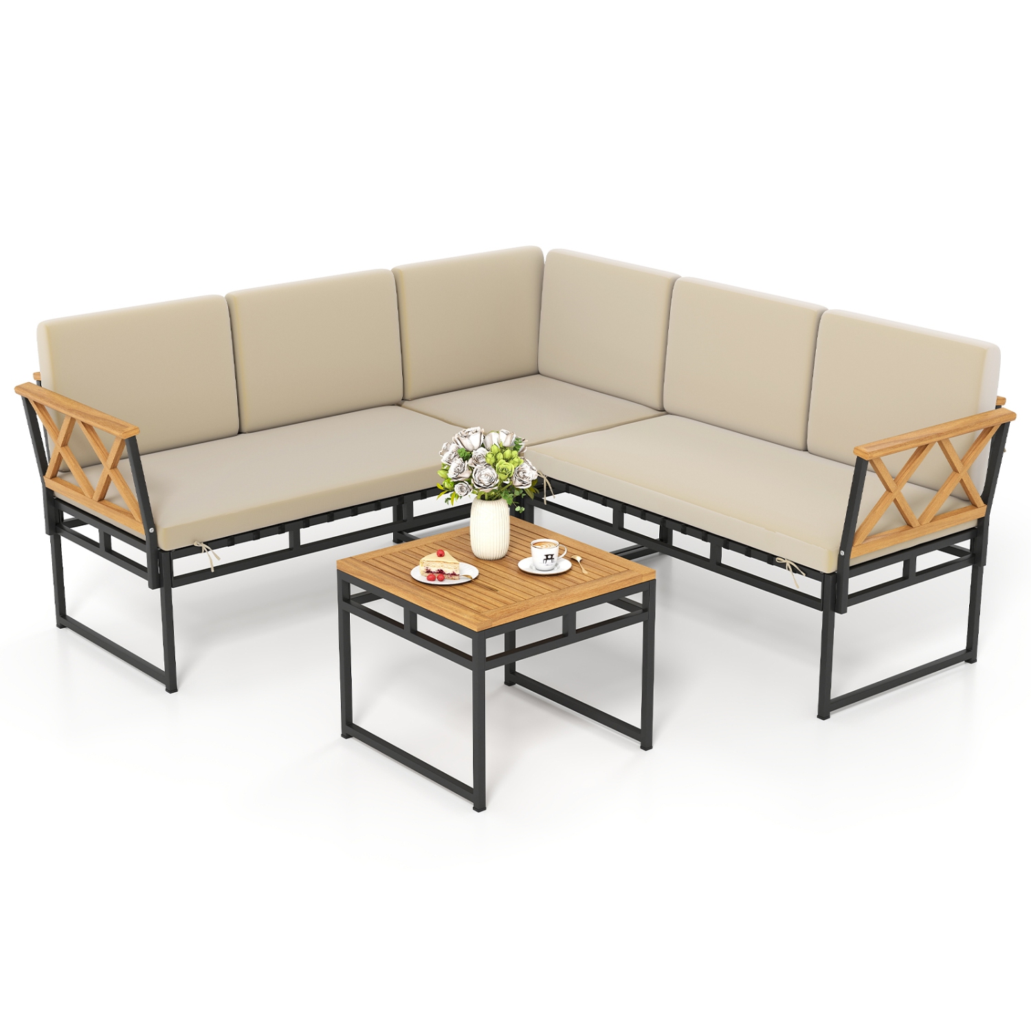 Gymax Set Of 4 Outdoor Sectional Sofa L-Shaped Metal Conversation Set w/ Cushions