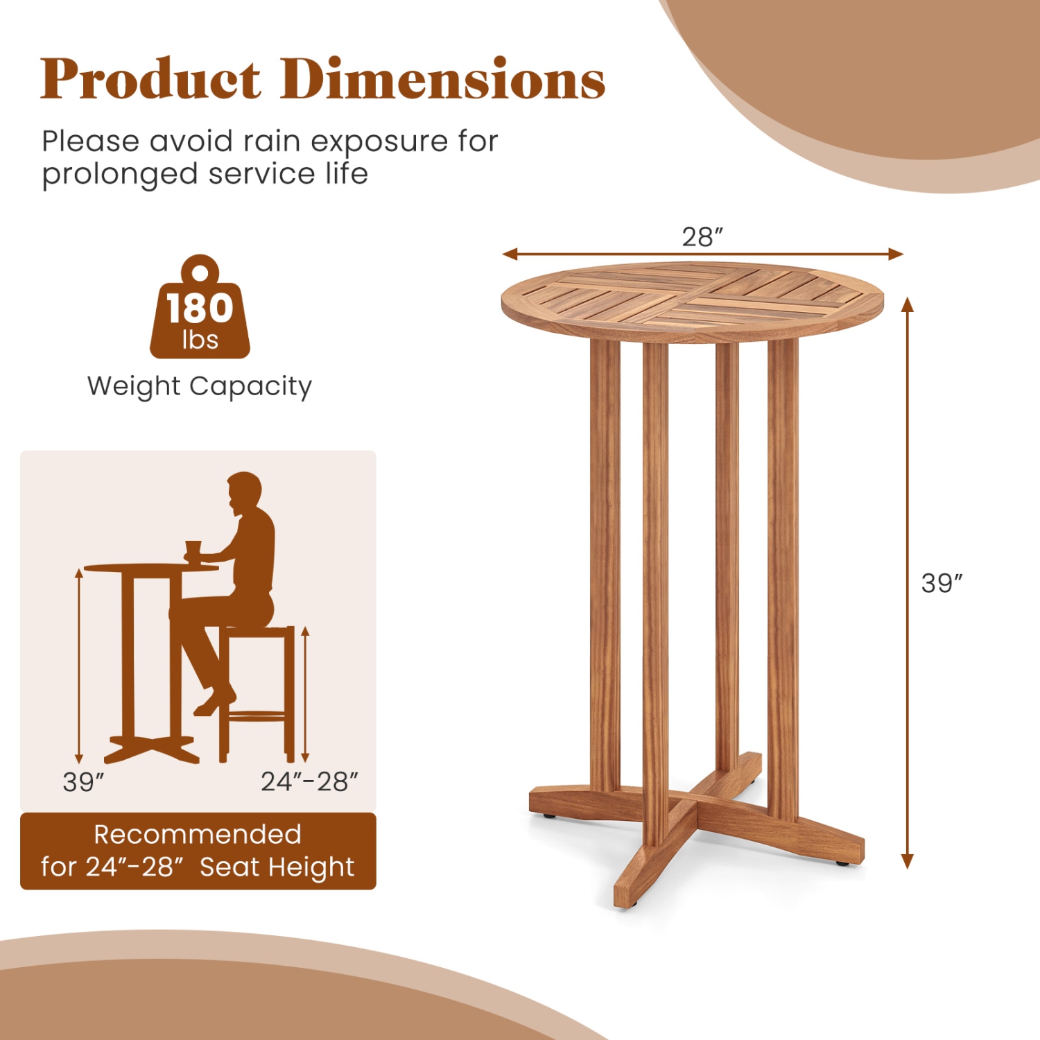 Gymax 39'' Outdoor Acacia Wood Bar Table w/ Slatted Tabletop for Garden Deck