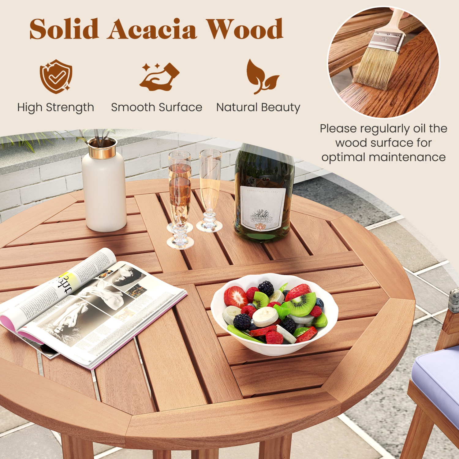 Gymax 39'' Outdoor Acacia Wood Bar Table w/ Slatted Tabletop for Garden Deck