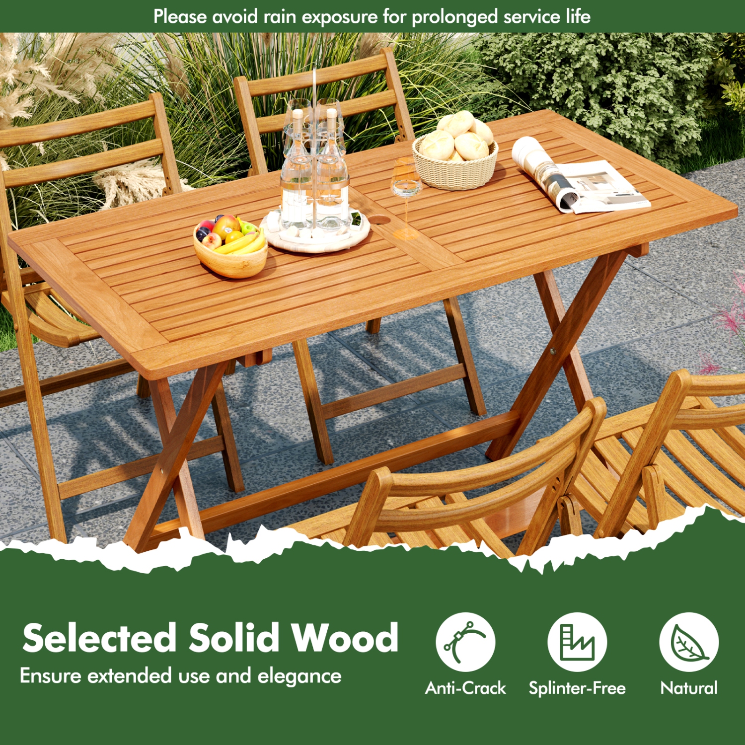 Gymax 54.5'' x 27.5'' Patio Dining Table w/ Teak Painting 2'' Umbrella Hole for Balcony