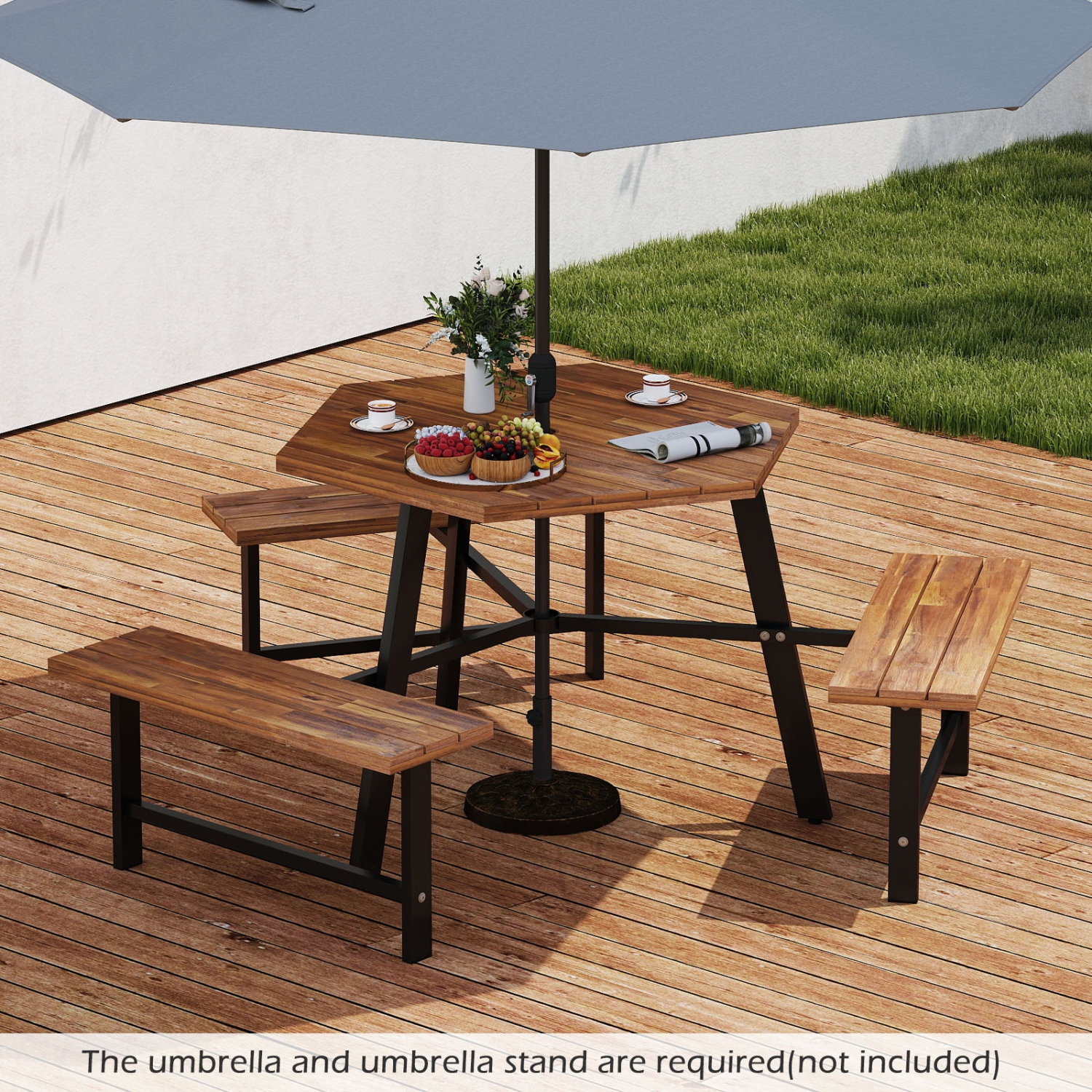 Gymax 6 Person Acacia Wood Picnic Table Bench Set w/3 Seats Umbrella Hole Metal Frame
