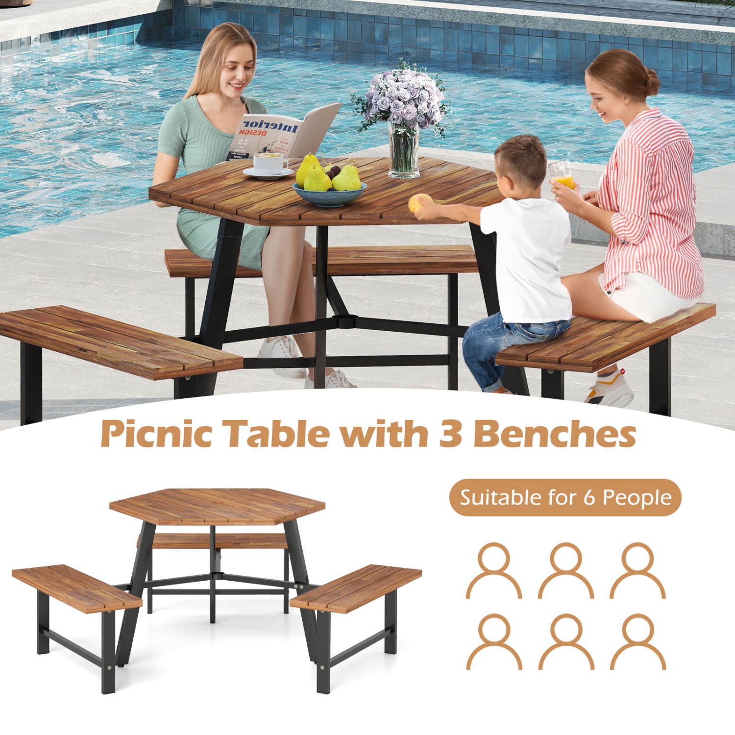 Gymax 6 Person Acacia Wood Picnic Table Bench Set w/3 Seats Umbrella Hole Metal Frame