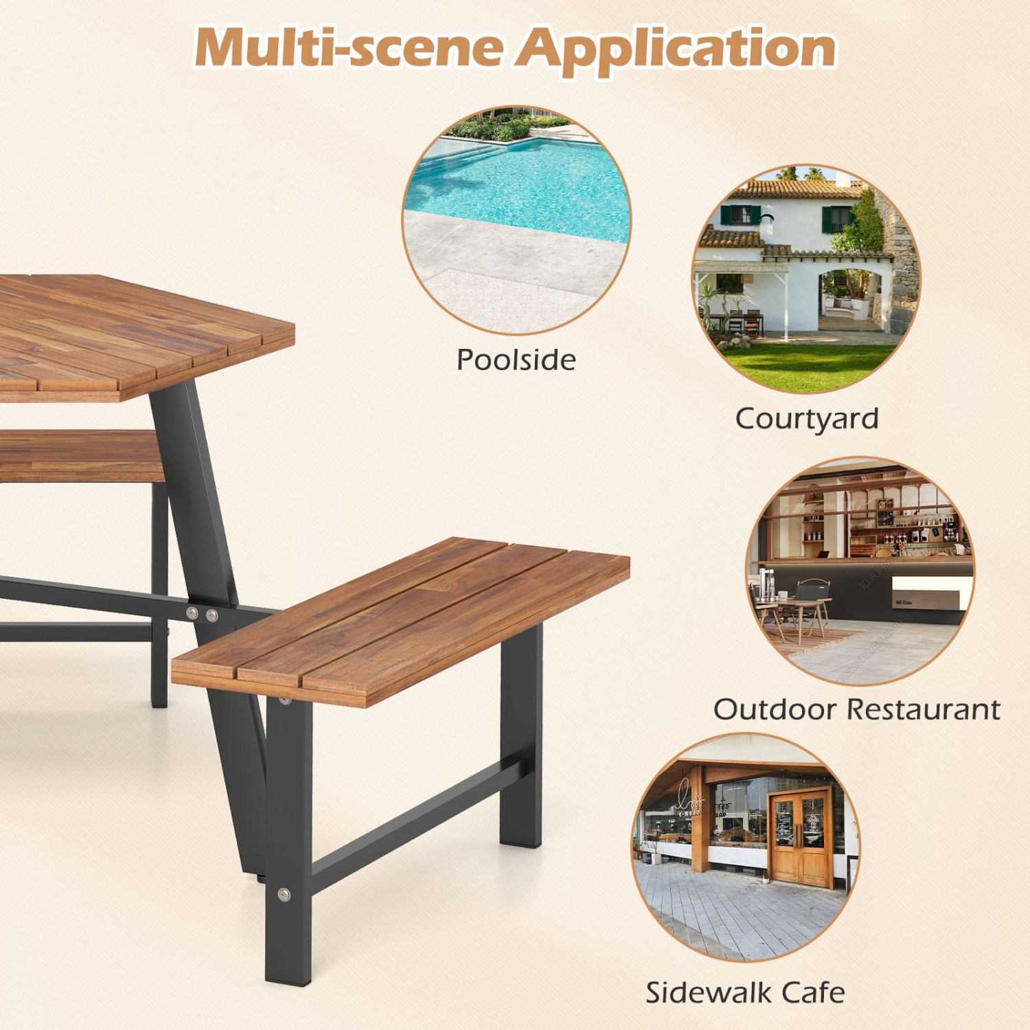 Gymax 6 Person Acacia Wood Picnic Table Bench Set w/3 Seats Umbrella Hole Metal Frame
