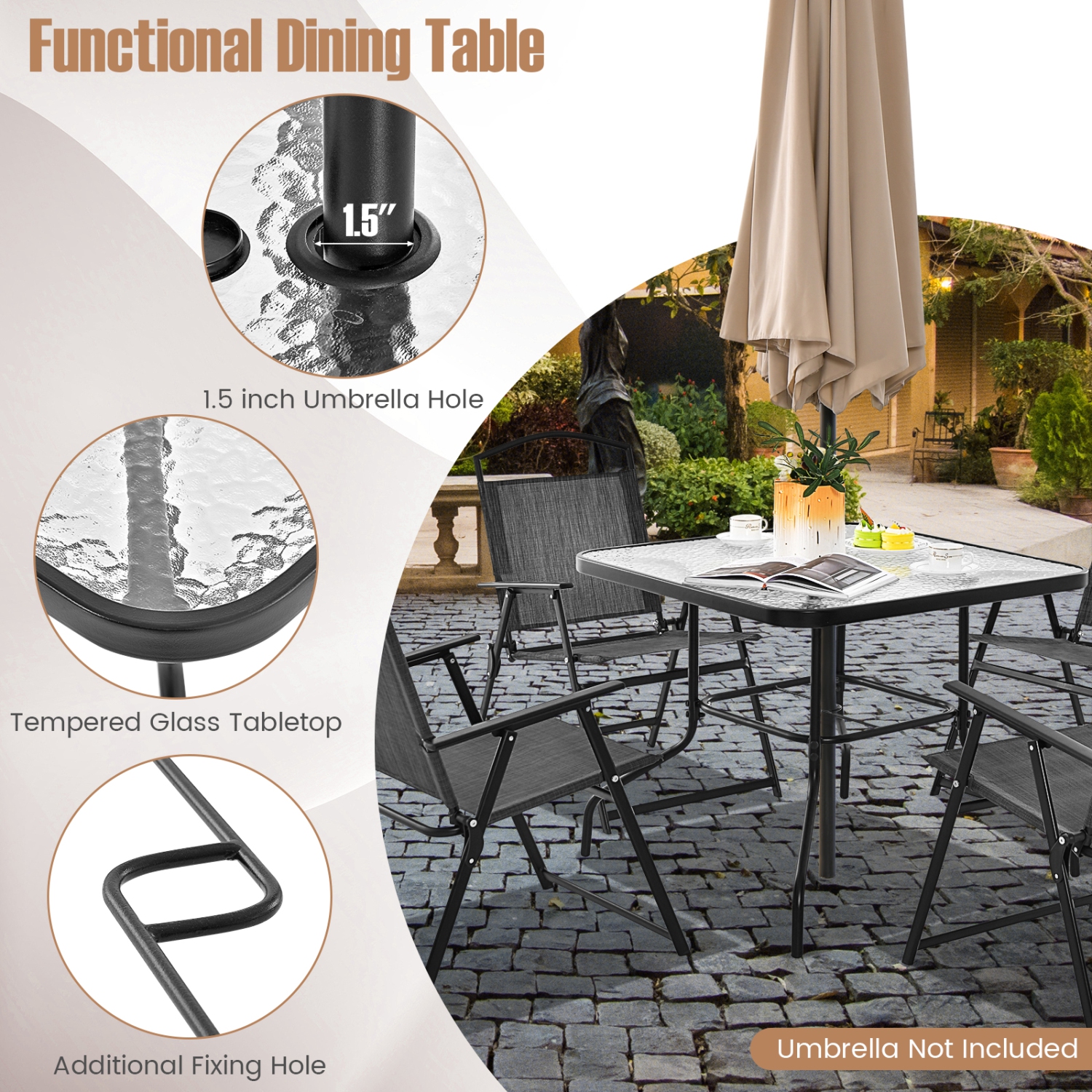 Gymax 34 Inch Dining Table Square Tempered Glass Table w/ 1.5'' Umbrella Hole Outdoor