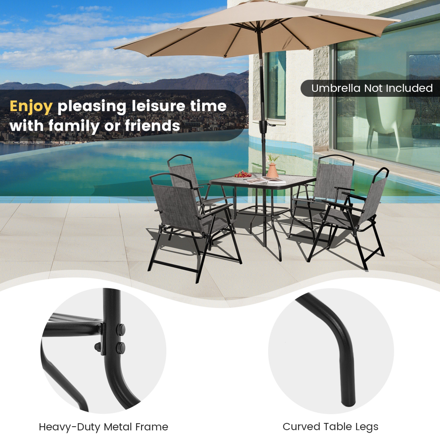 Gymax 34 Inch Dining Table Square Tempered Glass Table w/ 1.5'' Umbrella Hole Outdoor