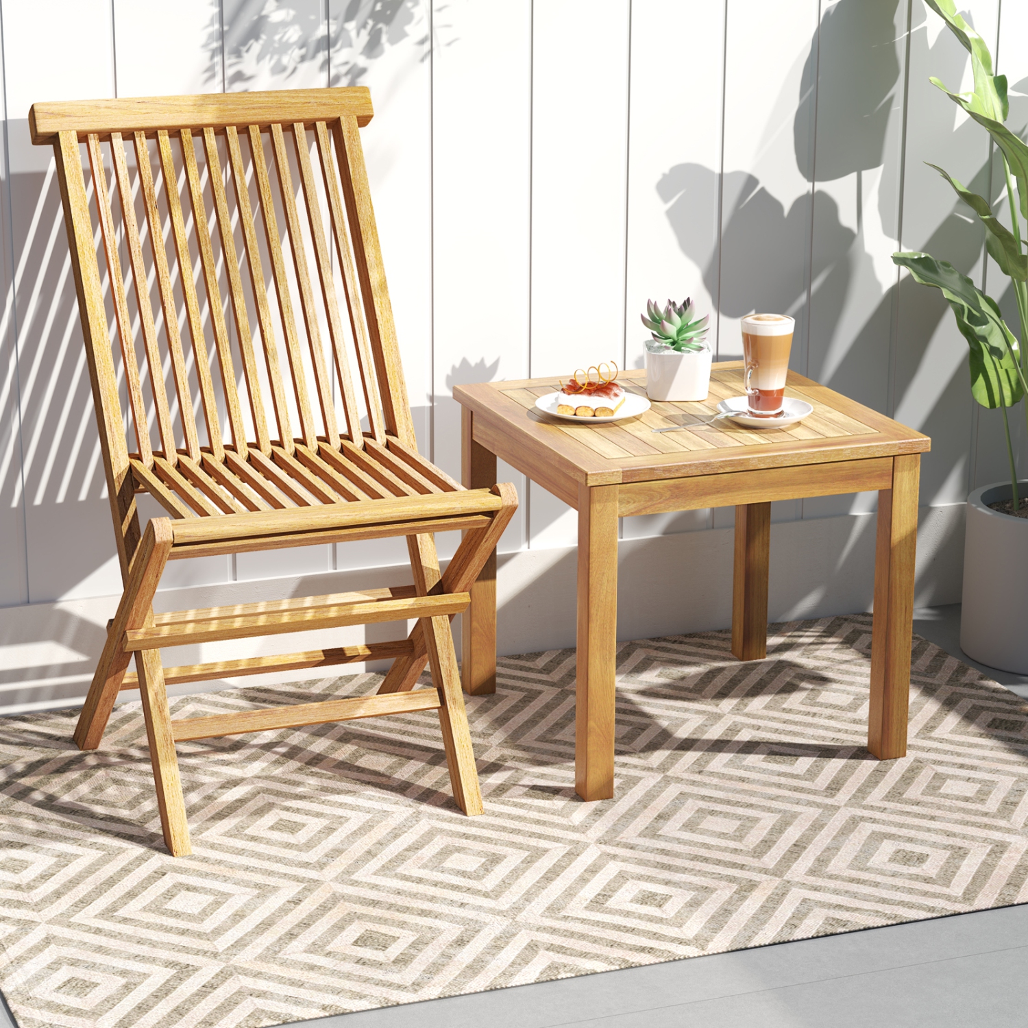 Gymax 2PCS Outdoor Square Teak Wood End Table Coffee Table for Porch Deck Garden Patio