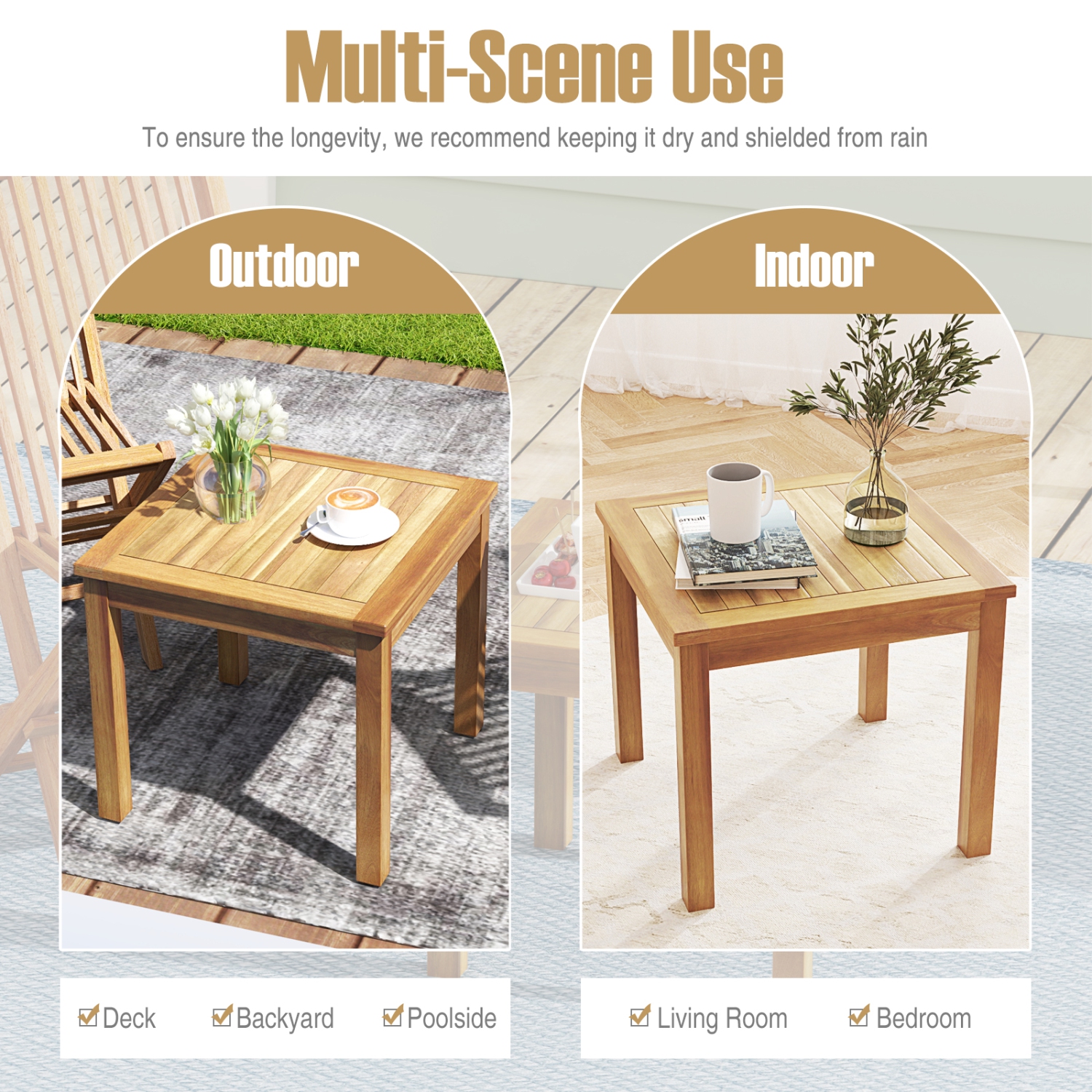 Gymax 2PCS Outdoor Square Teak Wood End Table Coffee Table for Porch Deck Garden Patio