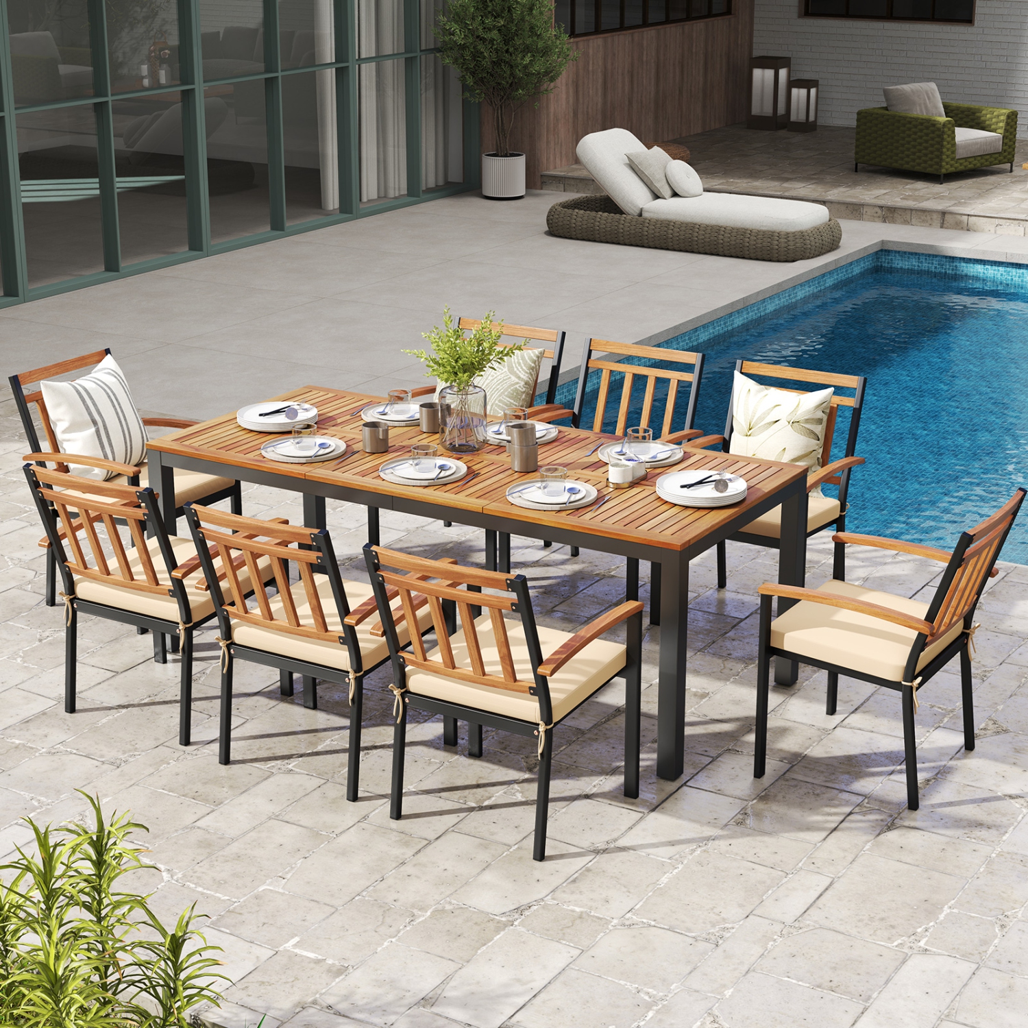 Gymax Patio Dining Table for 8 79'' Large Rectangle Table w/ Acacia Wood Tabletop