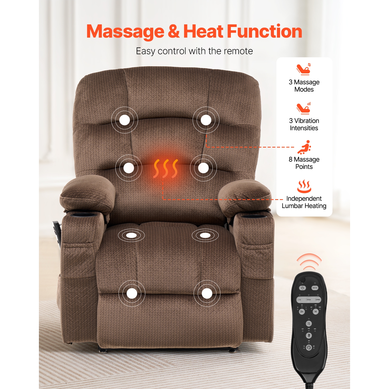 VEVOR Power Lift Recliner Chair, with Heat and Massage for Elderly, Dual Motor Recliner Chair with 2 Cup holders and USB Port, Position Adjustment
