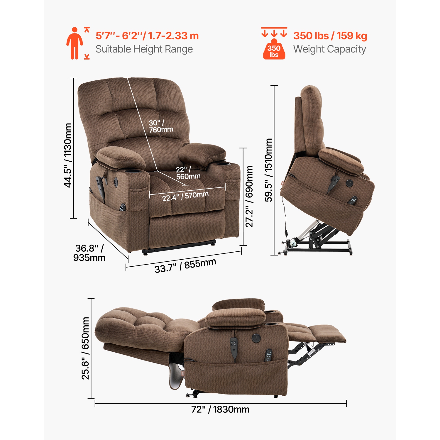 VEVOR Power Lift Recliner Chair, with Heat and Massage for Elderly, Dual Motor Recliner Chair with 2 Cup holders and USB Port, Position Adjustment